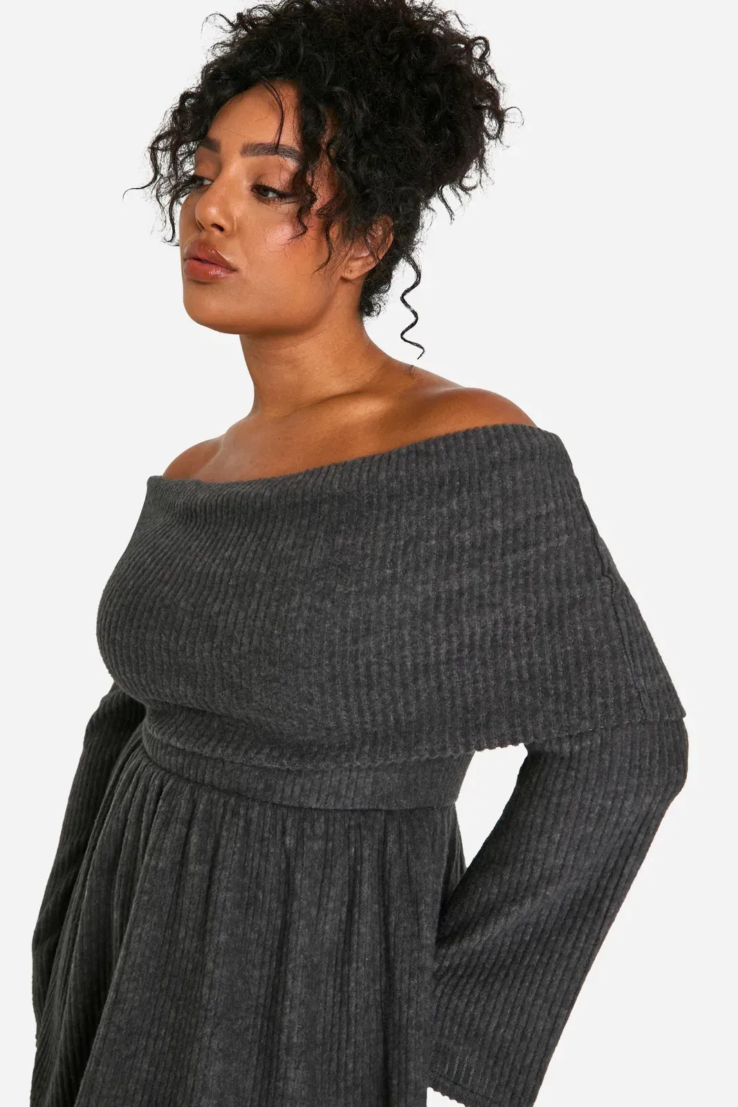 Plus Brushed Rib Off Shoulder Skater Dress
