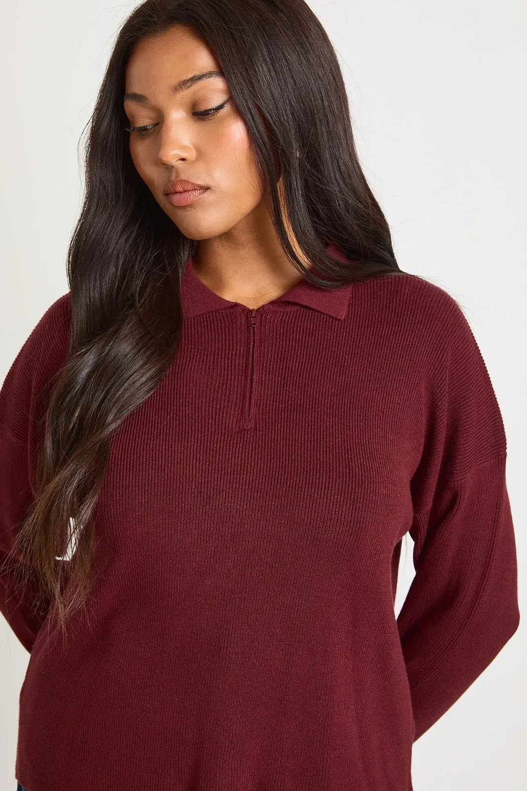 Plus Premium Long Sleeve Collared Rib Knit Top