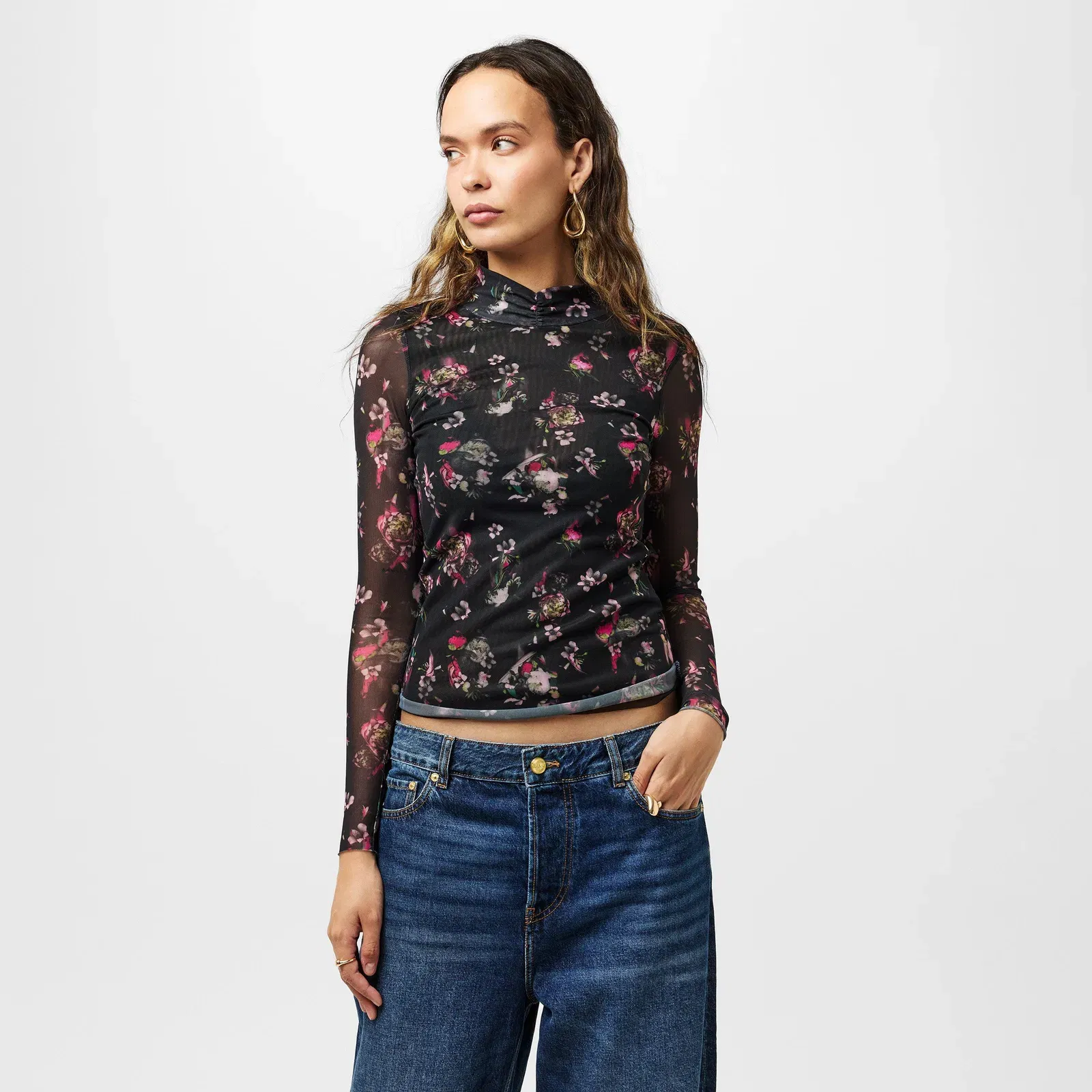 High Neck Print Long Sleeve T-Shirt