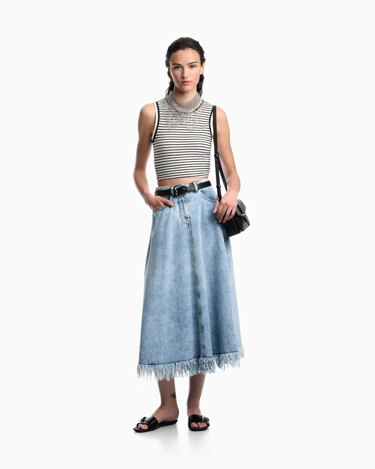 Emporio Armani Midi skirt in vintage-look denim with fringes