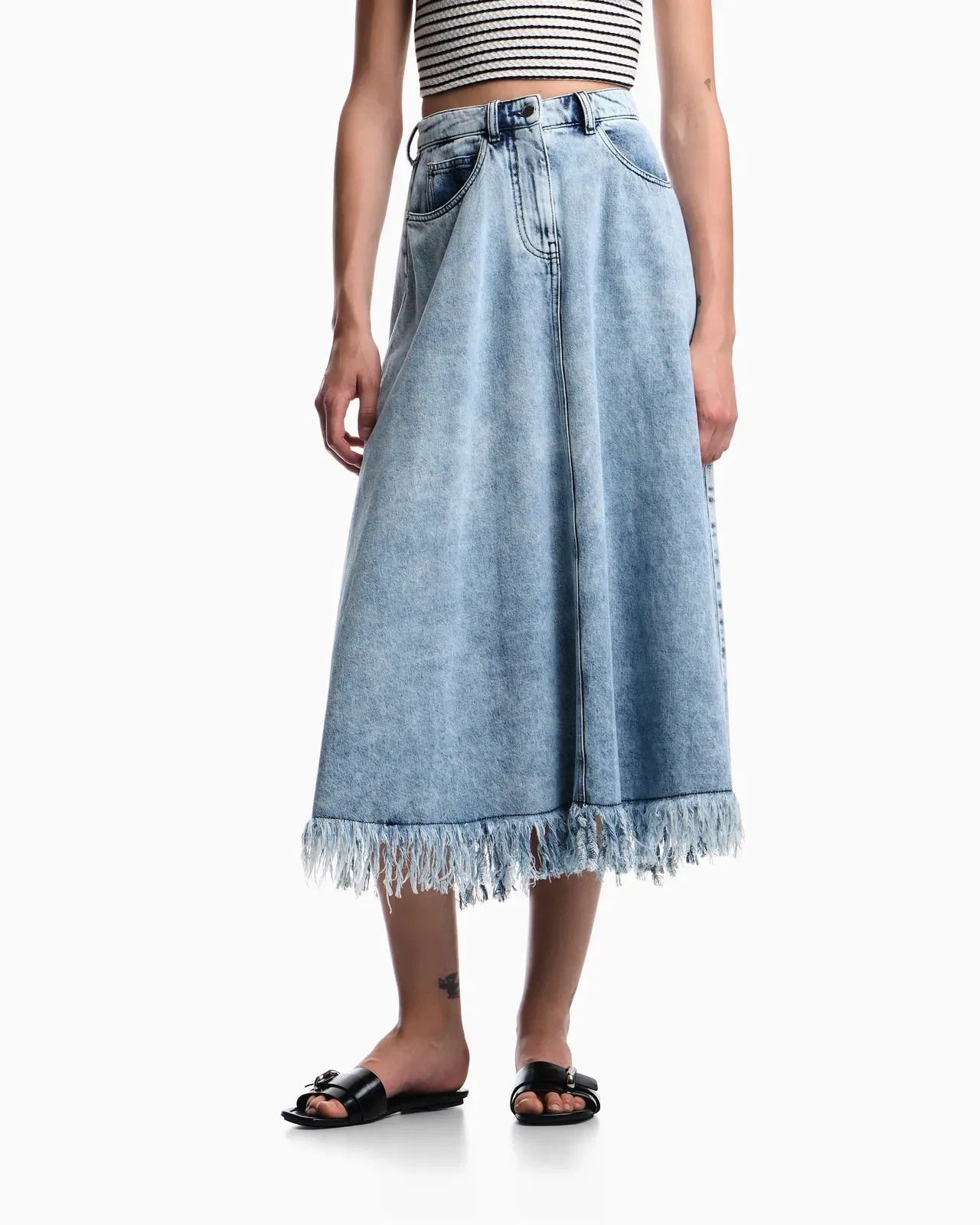 Emporio Armani Midi skirt in vintage-look denim with fringes