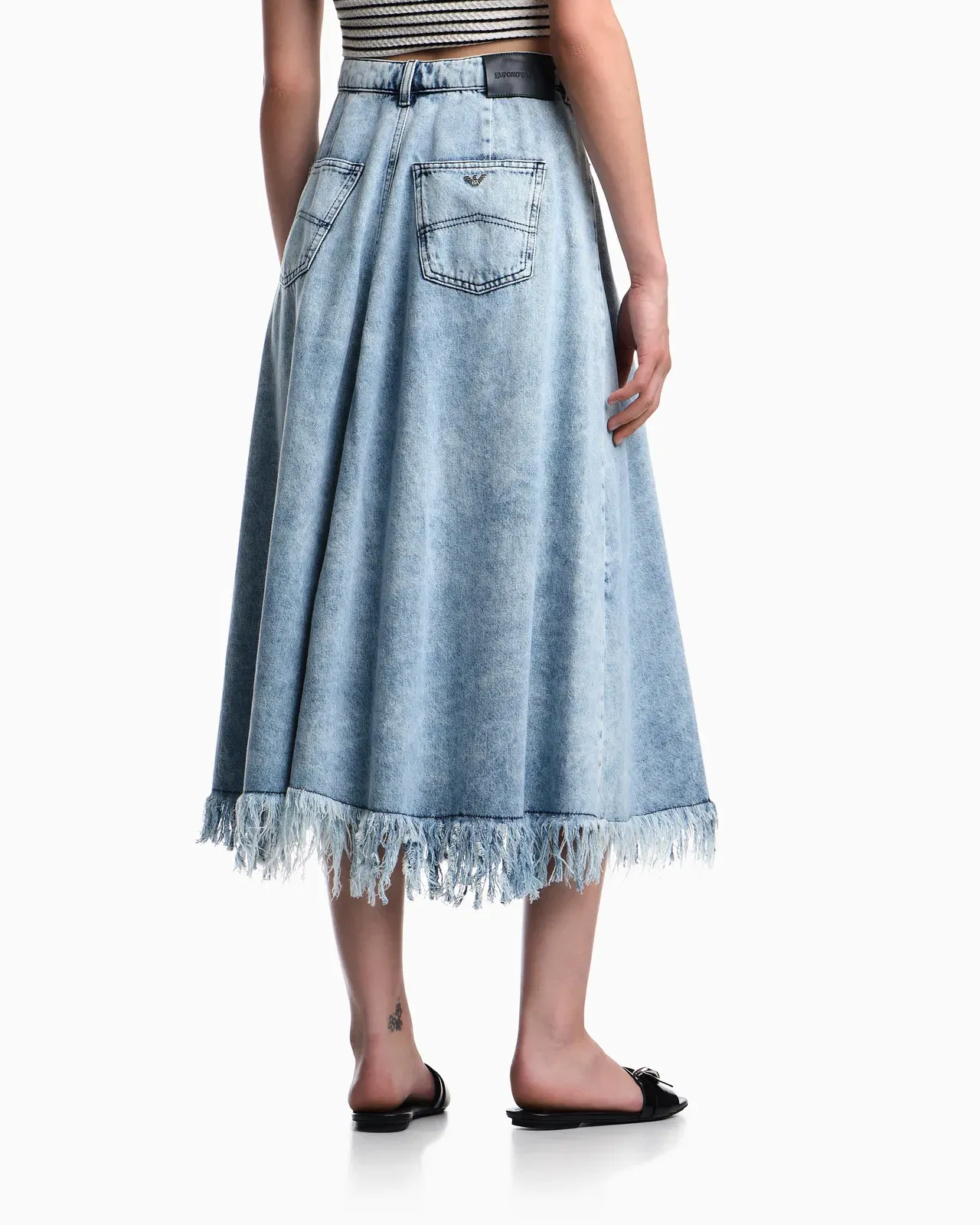 Emporio Armani Midi skirt in vintage-look denim with fringes