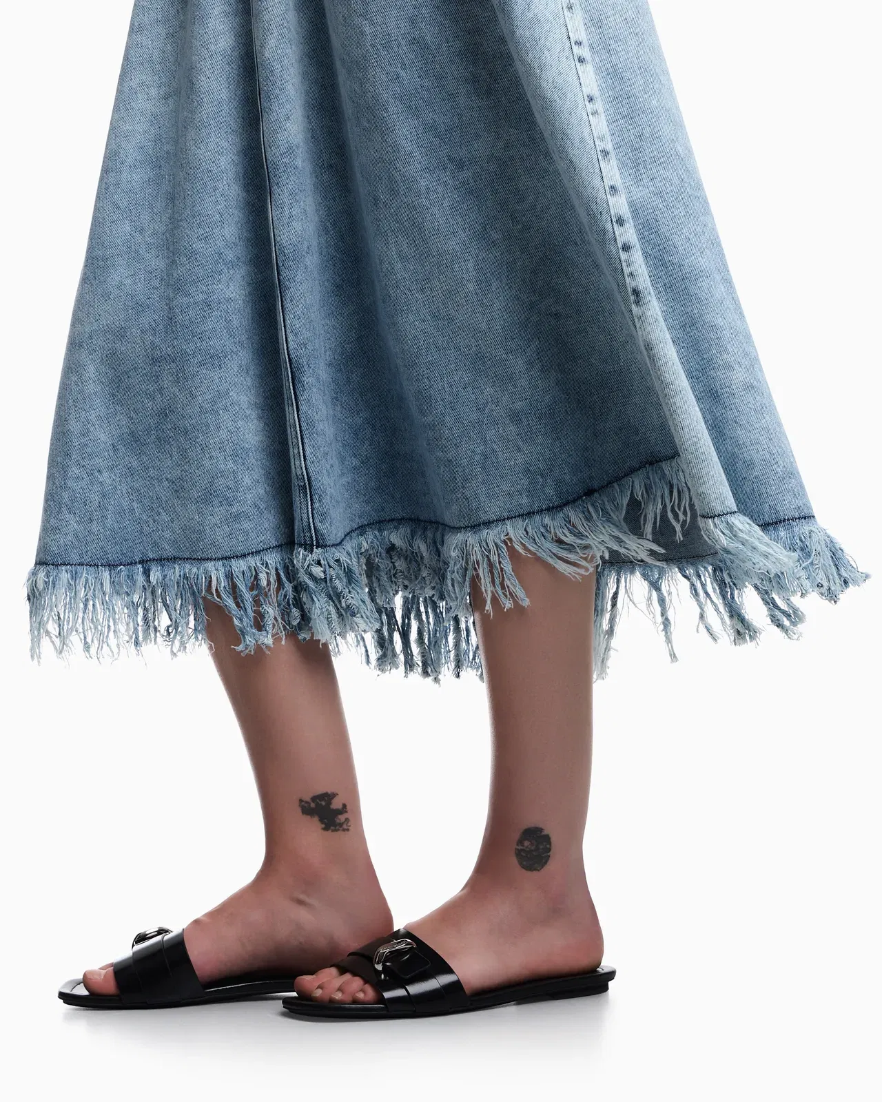 Emporio Armani Midi skirt in vintage-look denim with fringes