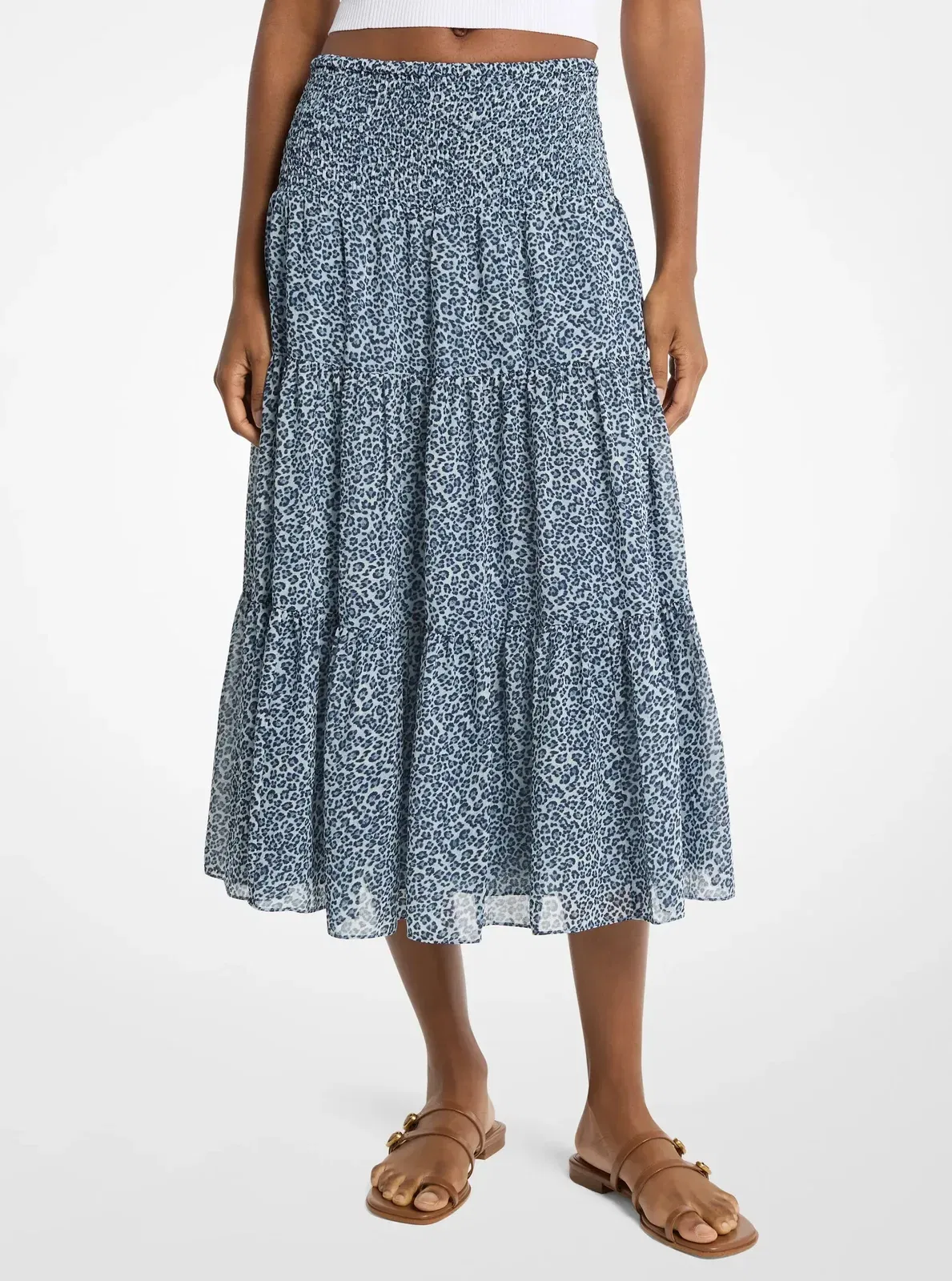 Michael Kors Leopard Print Georgette Tiered Midi Skirt DK CHAMBRAY