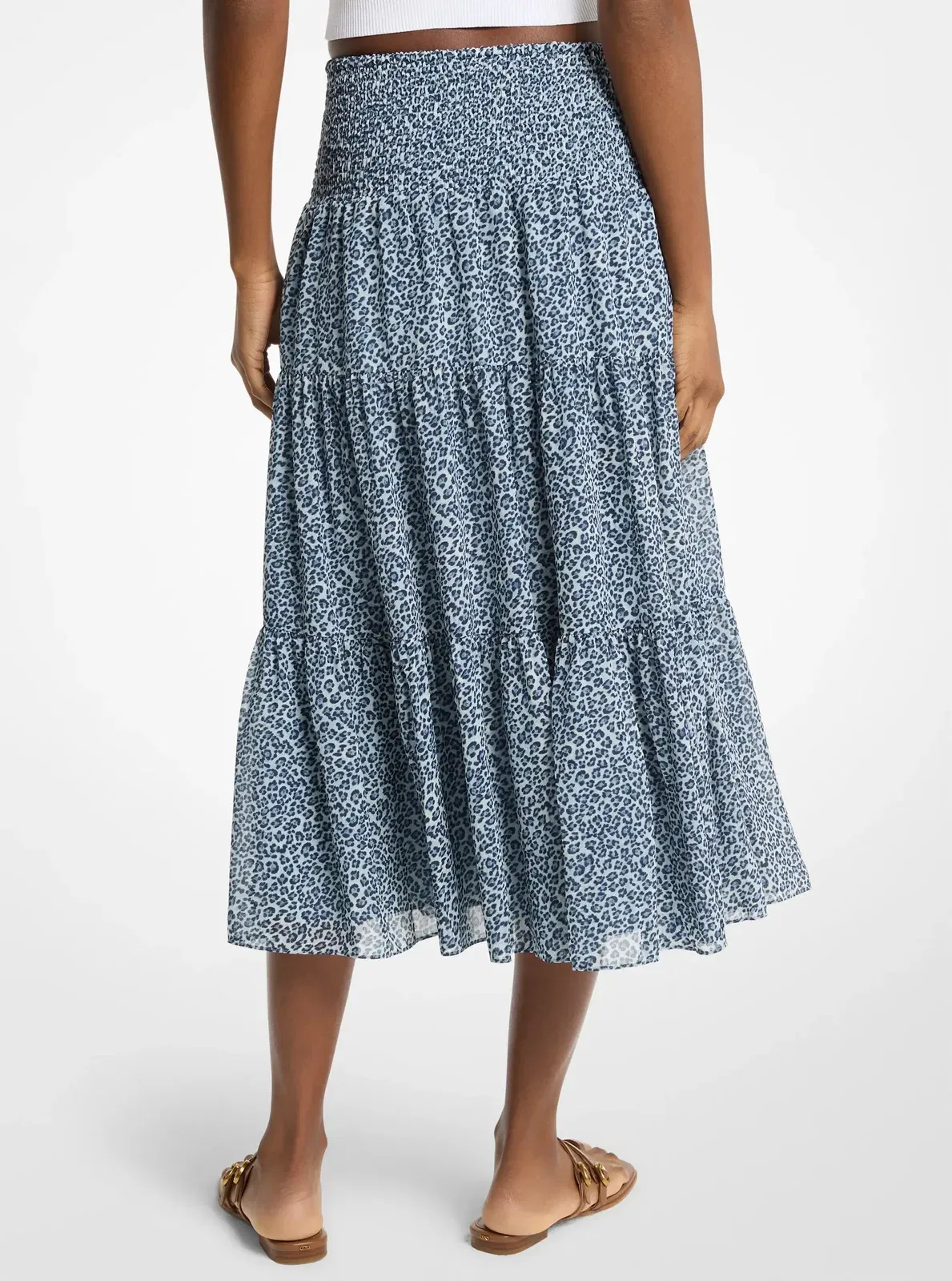Michael Kors Leopard Print Georgette Tiered Midi Skirt DK CHAMBRAY
