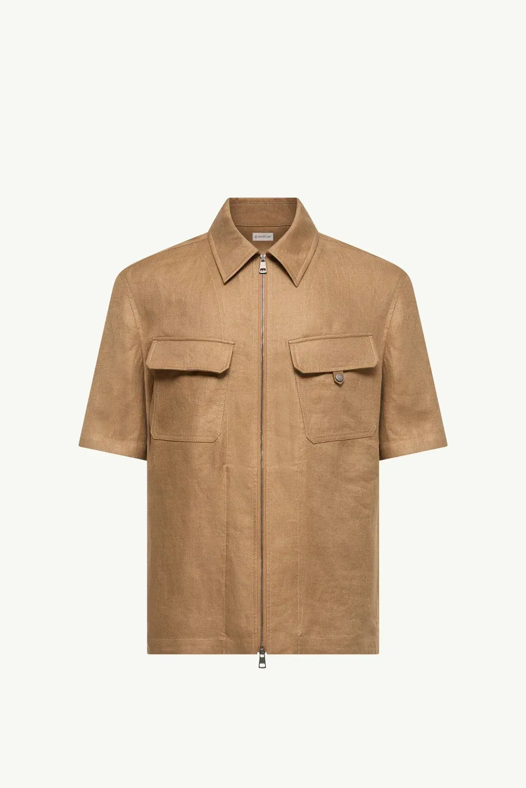 Moncler Linen Twill Short Sleeve Zip-Up Shirt Light Brown Light Brown