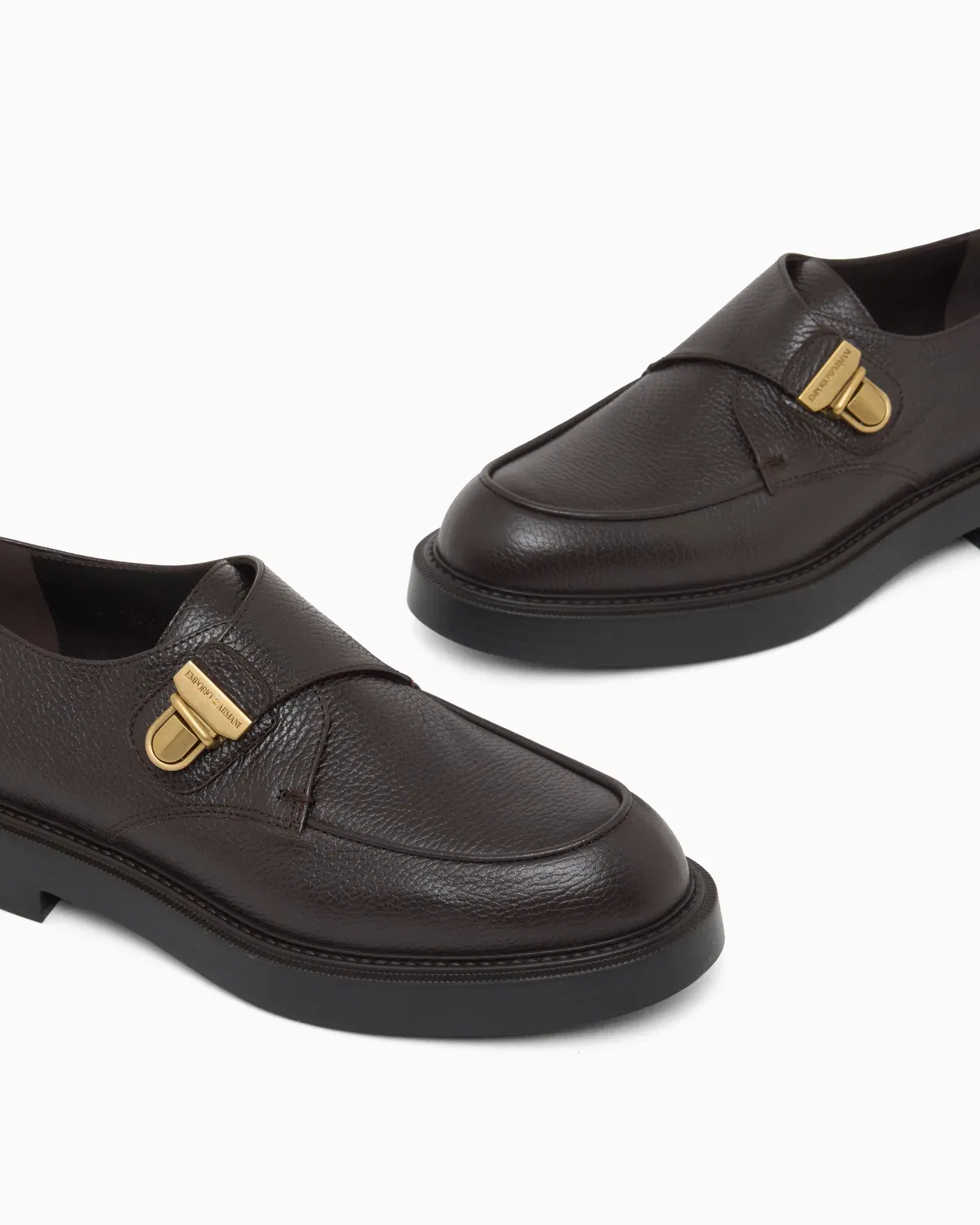 Emporio Armani Icon Pebbled Leather Chunky Monk Straps Brown
