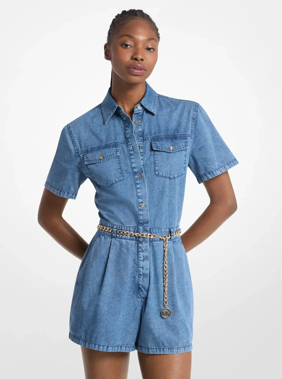 Michael Kors Denim Belted Romper DUSK BLUE WASH