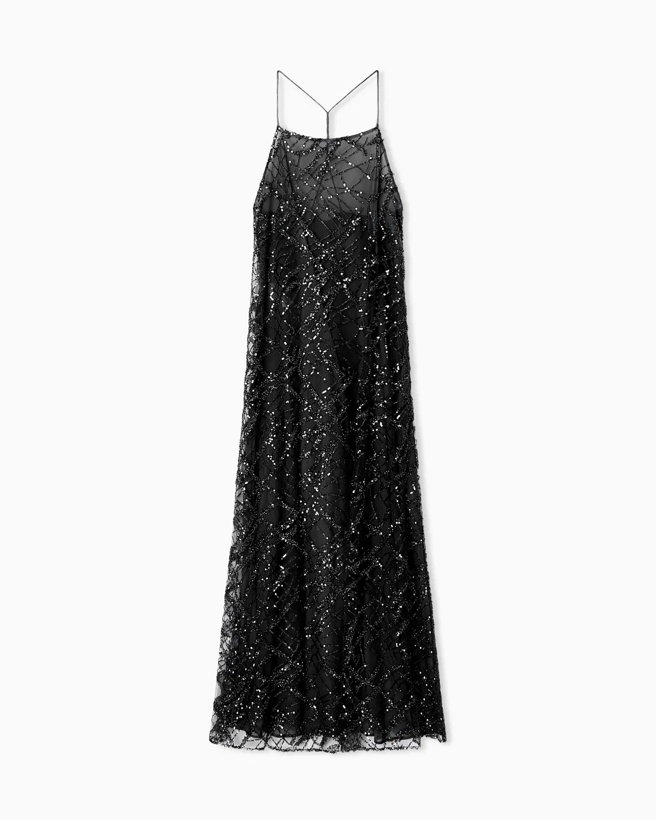 Emporio Armani Long tulle dress with all-over micro-sequin and jet embroidery