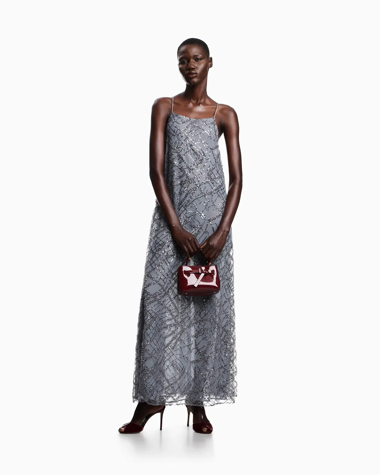 Emporio Armani Long tulle dress with all-over micro-sequin and jet embroidery