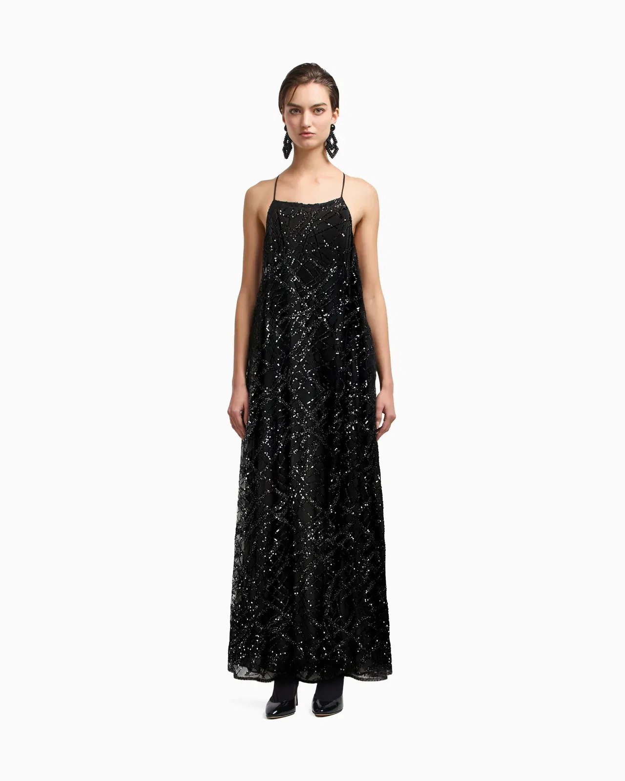 Emporio Armani Long tulle dress with all-over micro-sequin and jet embroidery