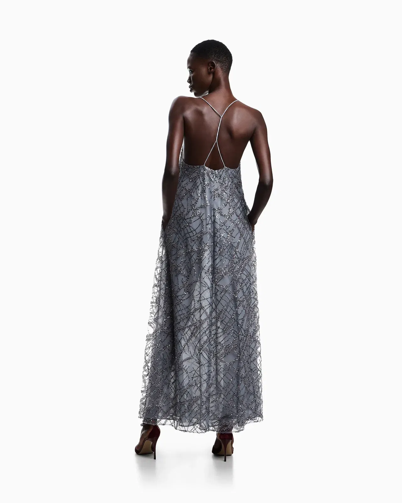 Emporio Armani Long tulle dress with all-over micro-sequin and jet embroidery