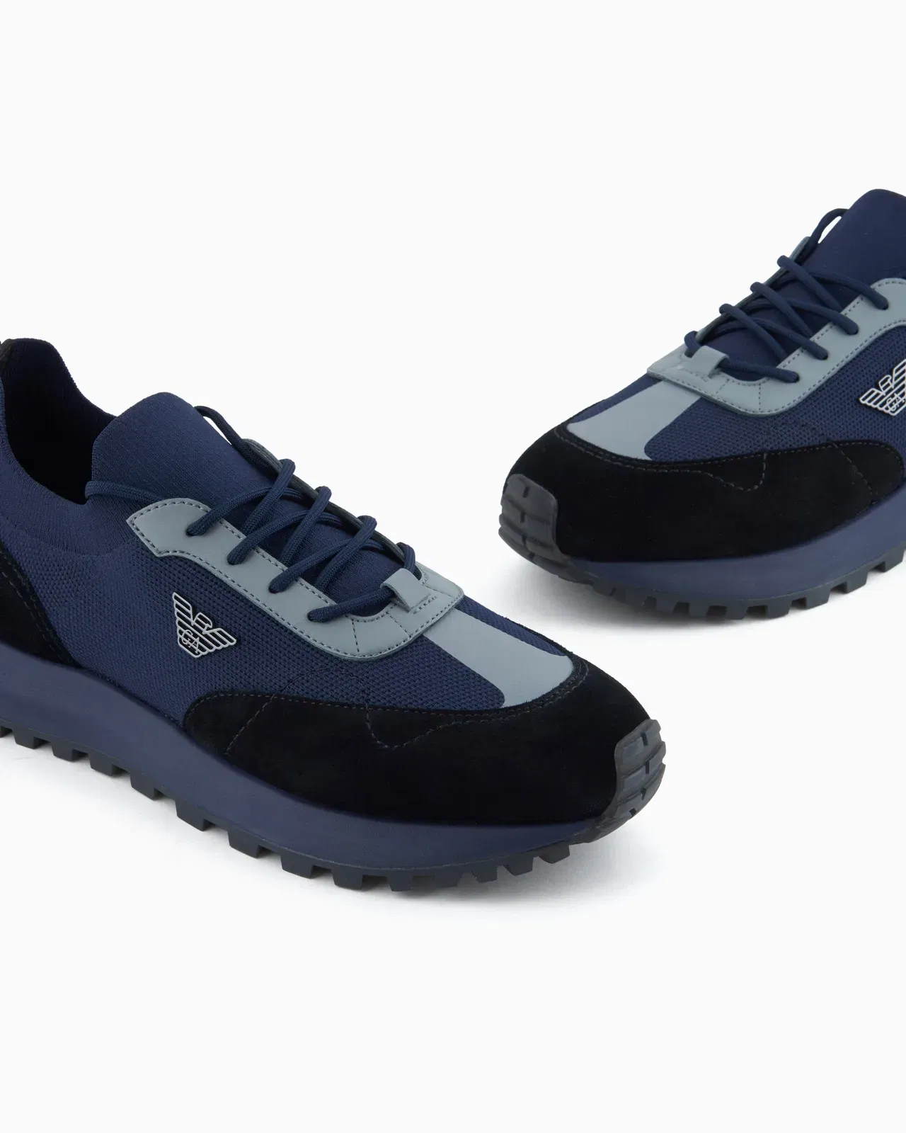 Emporio Armani Low-Top Sneakers In Suede And Mesh With A Rubber Sole Blue