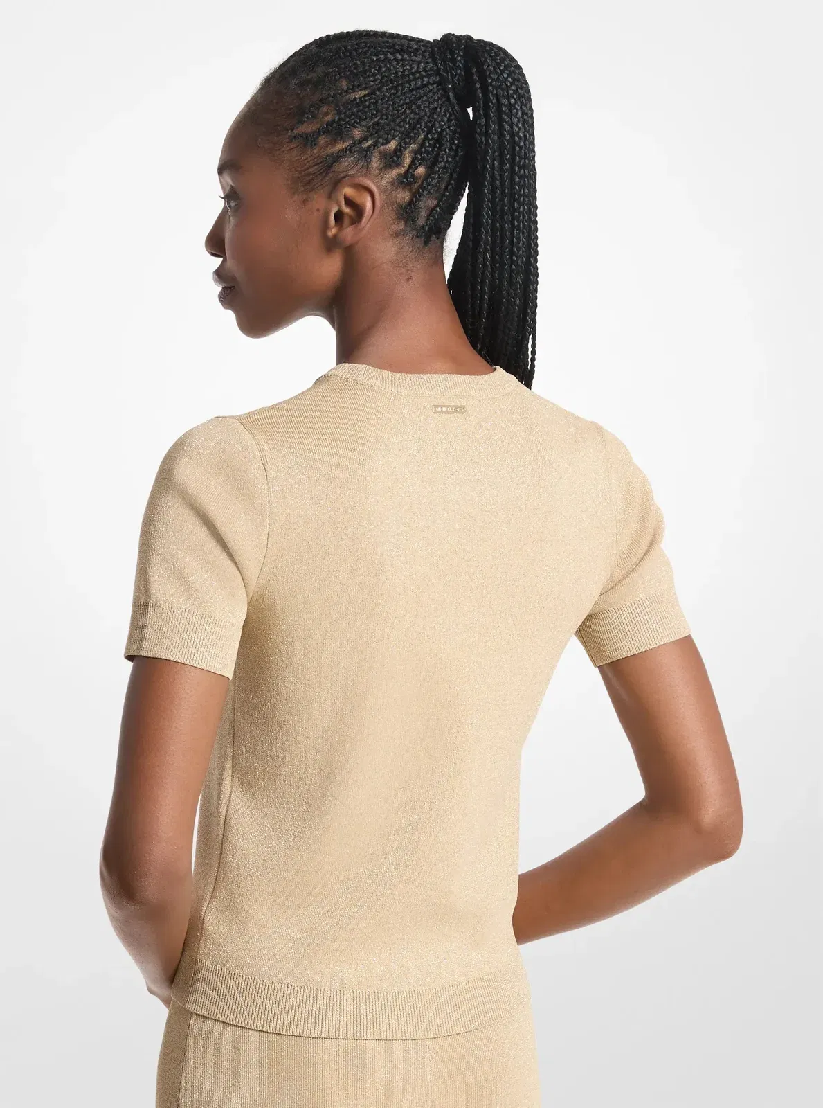 Michael Kors Laser Cut Metallic Stretch Knit Top GOLD
