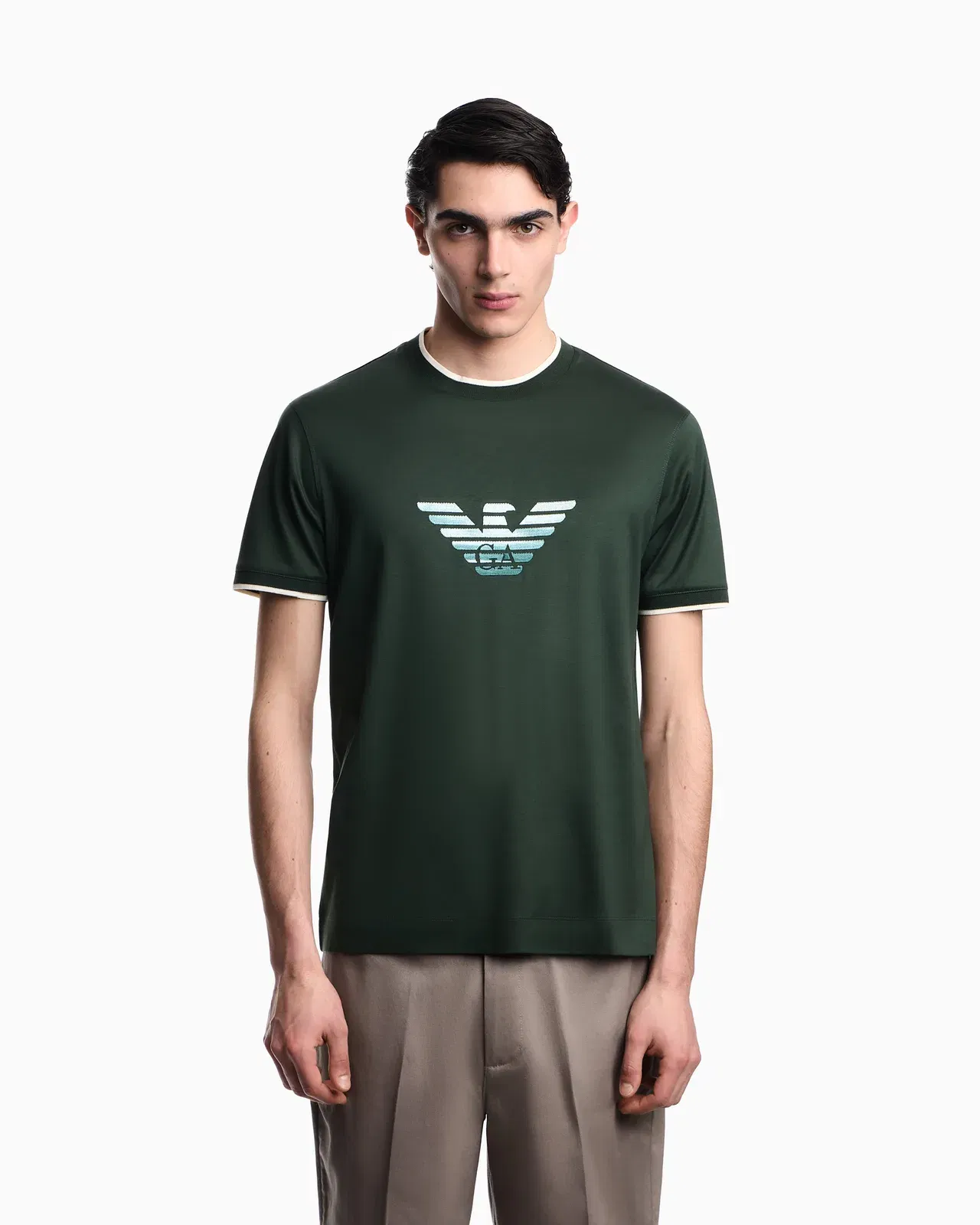 Emporio Armani Slim-fit T-shirt in a Lyocell-blend jersey, featuring a gradient eagle embroidery