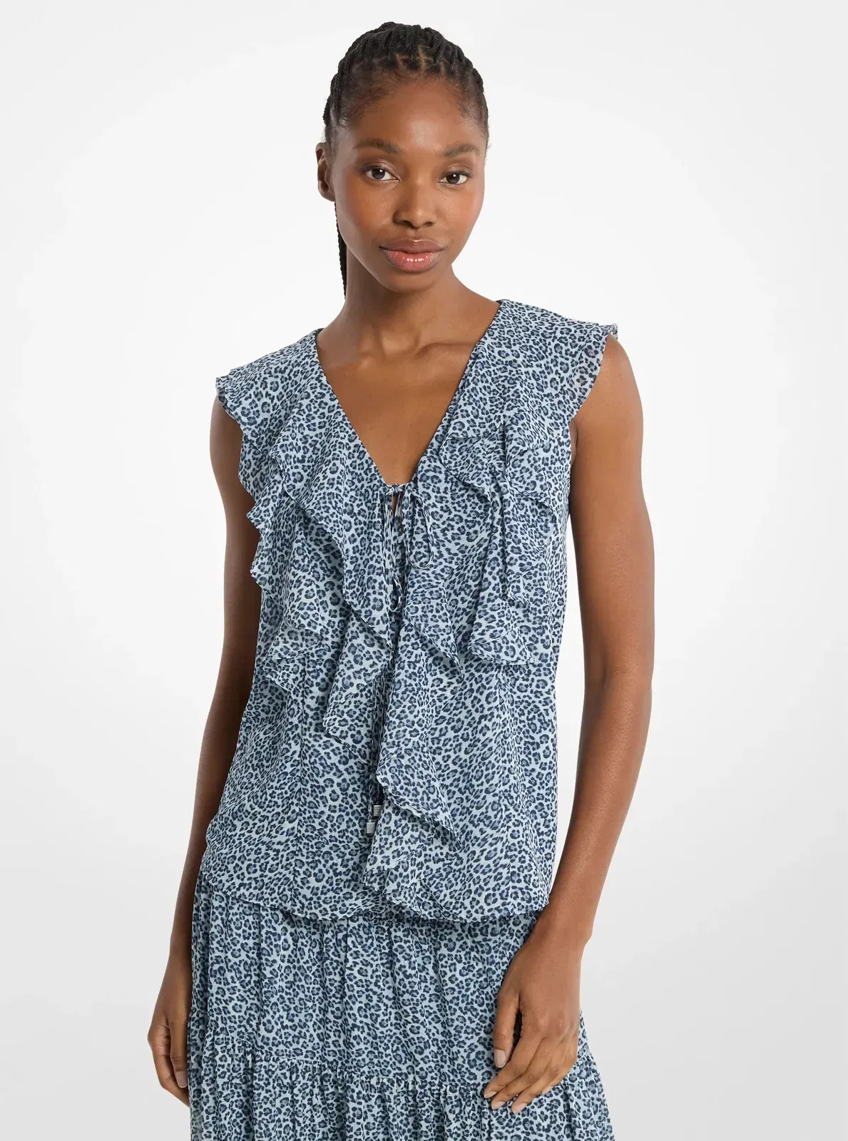 Michael Kors Ruffled Leopard Print Georgette Blouse DK CHAMBRAY