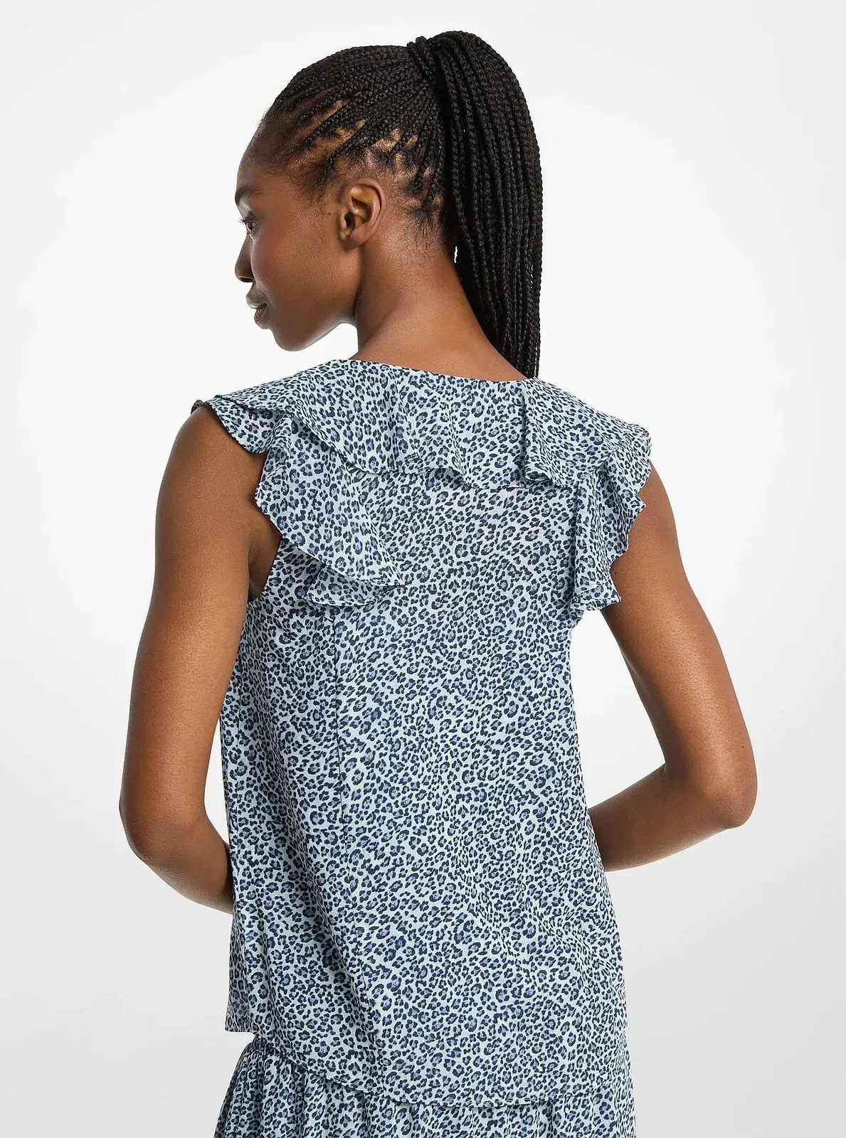 Michael Kors Ruffled Leopard Print Georgette Blouse DK CHAMBRAY