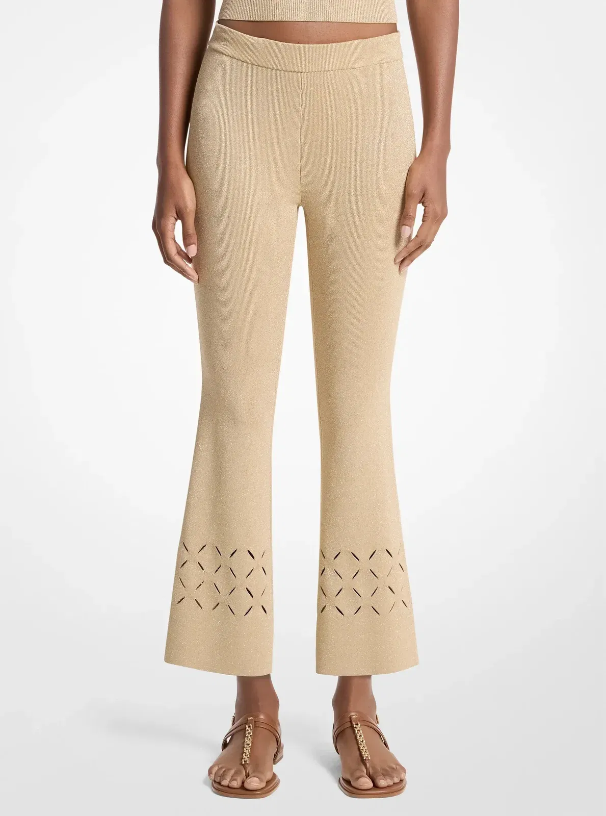Michael Kors Laser Cut Metallic Stretch Knit Cropped Pants GOLD