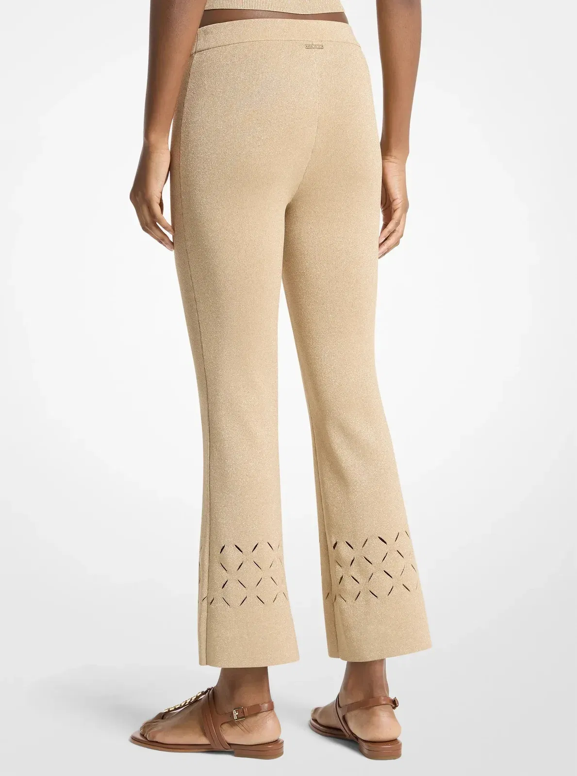 Michael Kors Laser Cut Metallic Stretch Knit Cropped Pants GOLD