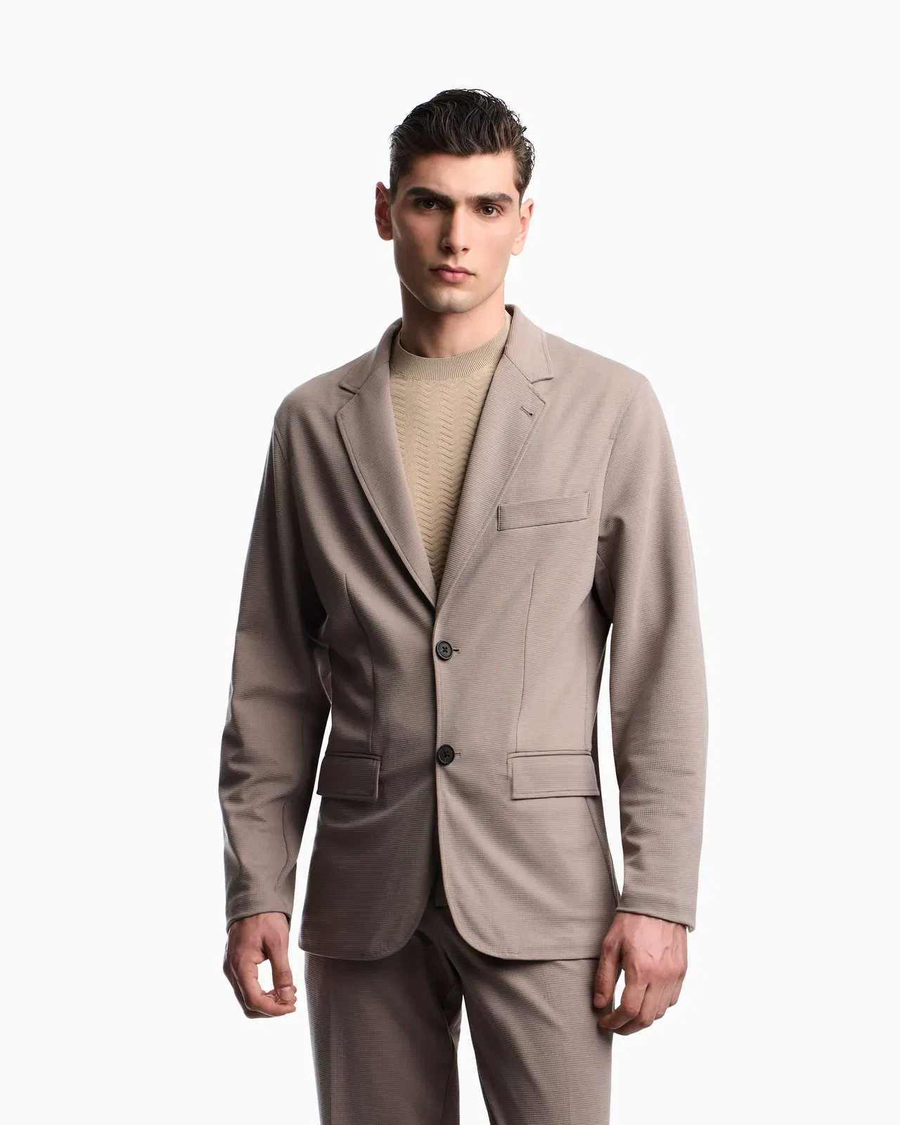 Emporio Armani Single-breasted jacket in waffle-effect armure fabric
