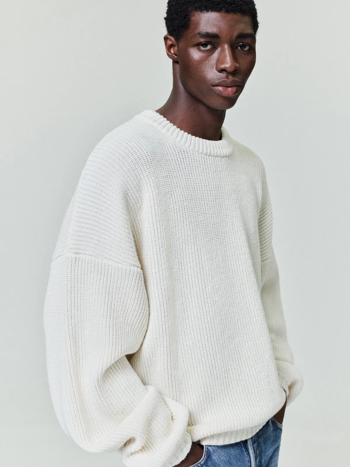Essentials Double Knit Linen Wool Cotton Crewneck Sweater Cream