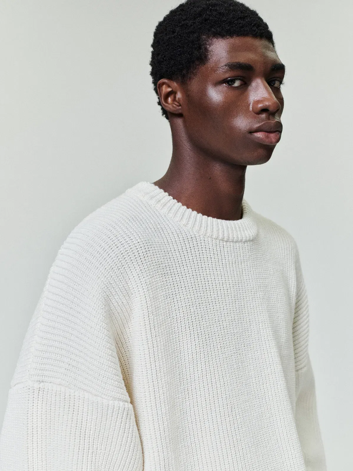 Essentials Double Knit Linen Wool Cotton Crewneck Sweater Cream