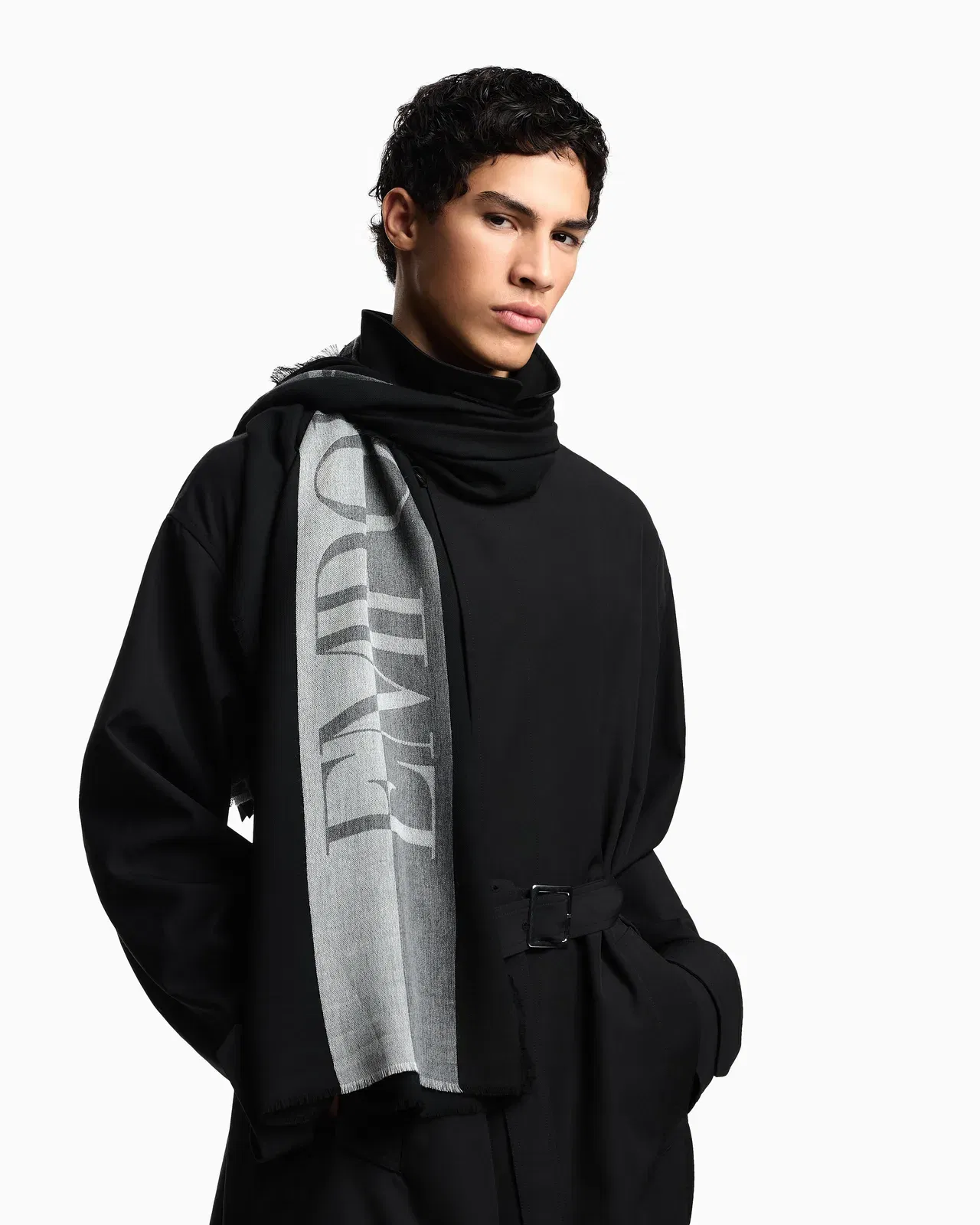 Emporio Armani Striped scarf with oversized logo