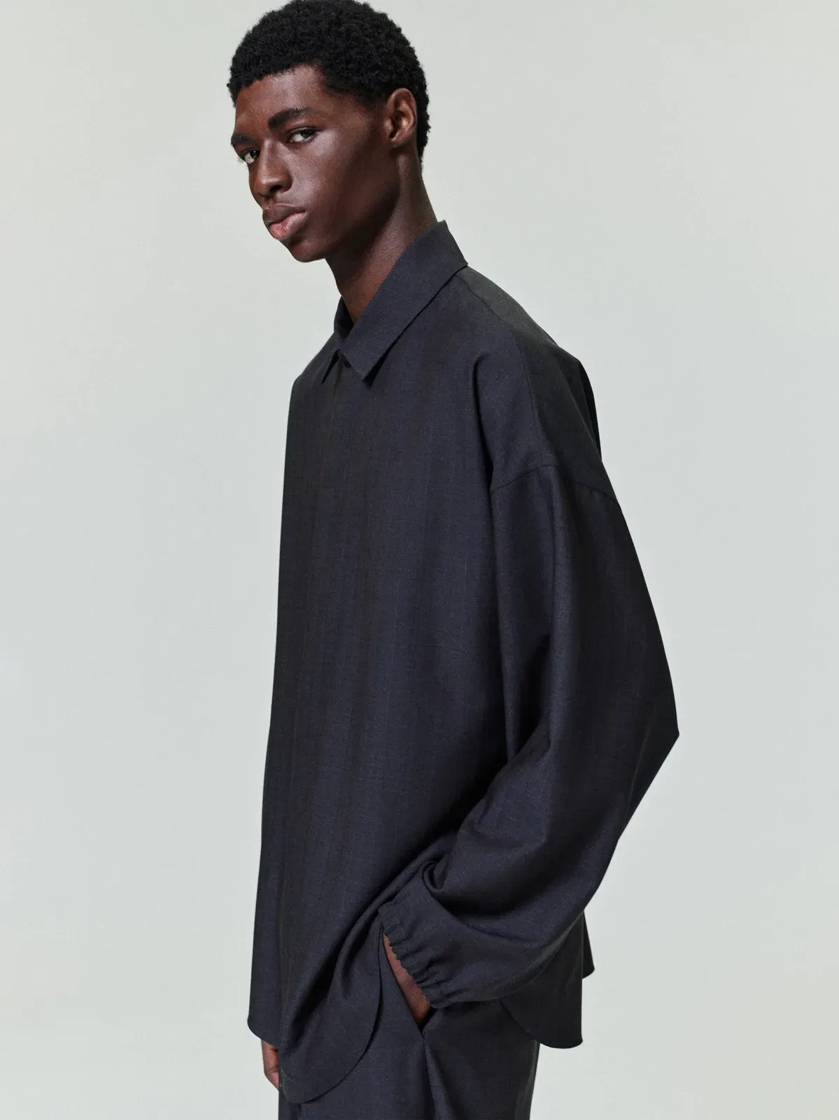 Essentials Grey Striped Wool Elastic Cuff Shirt Grey Striped