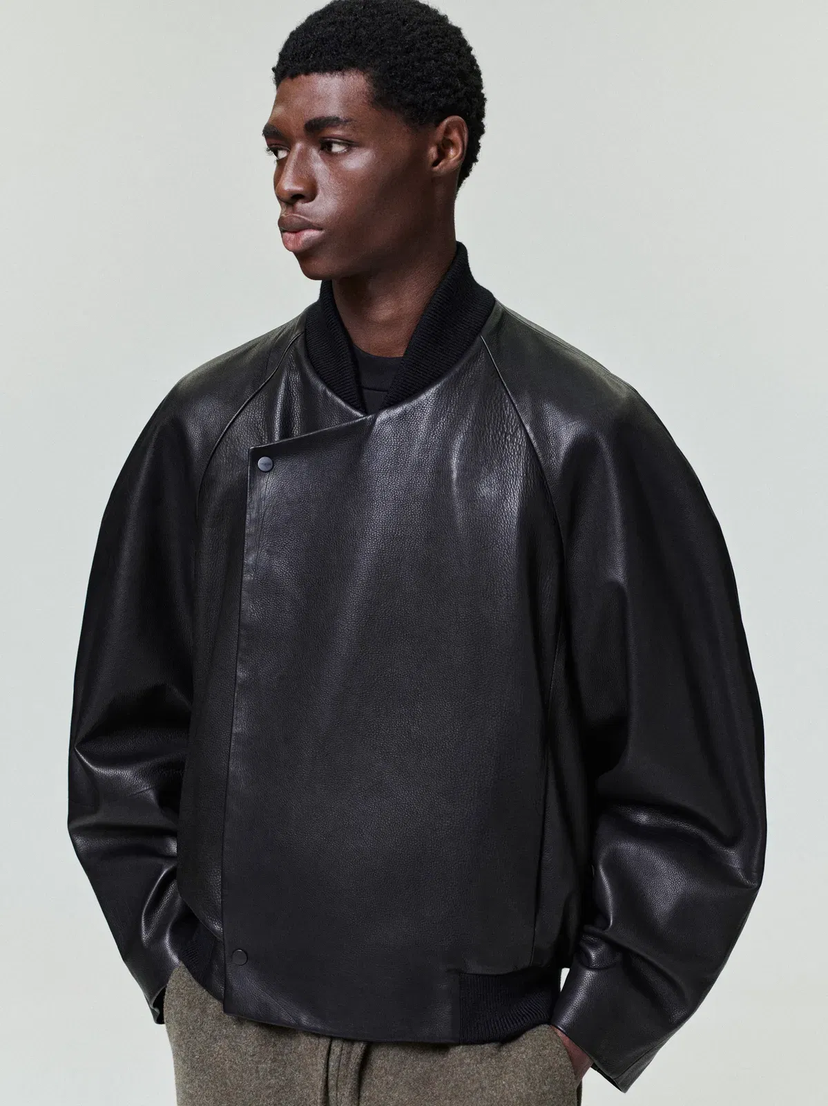 Essentials Leather Raglan Bomber Jacket Black