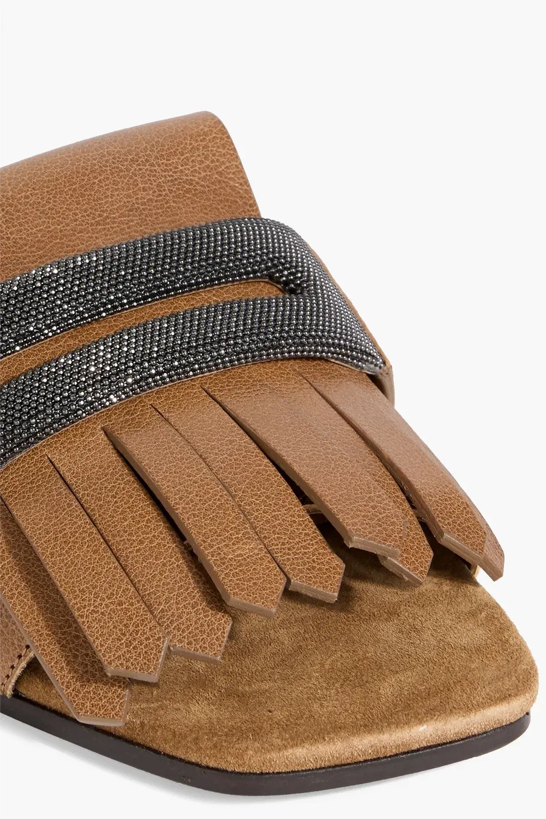 Brunello Cucinelli Bead-Embellished Fringed Leather Slides Camel Women's
