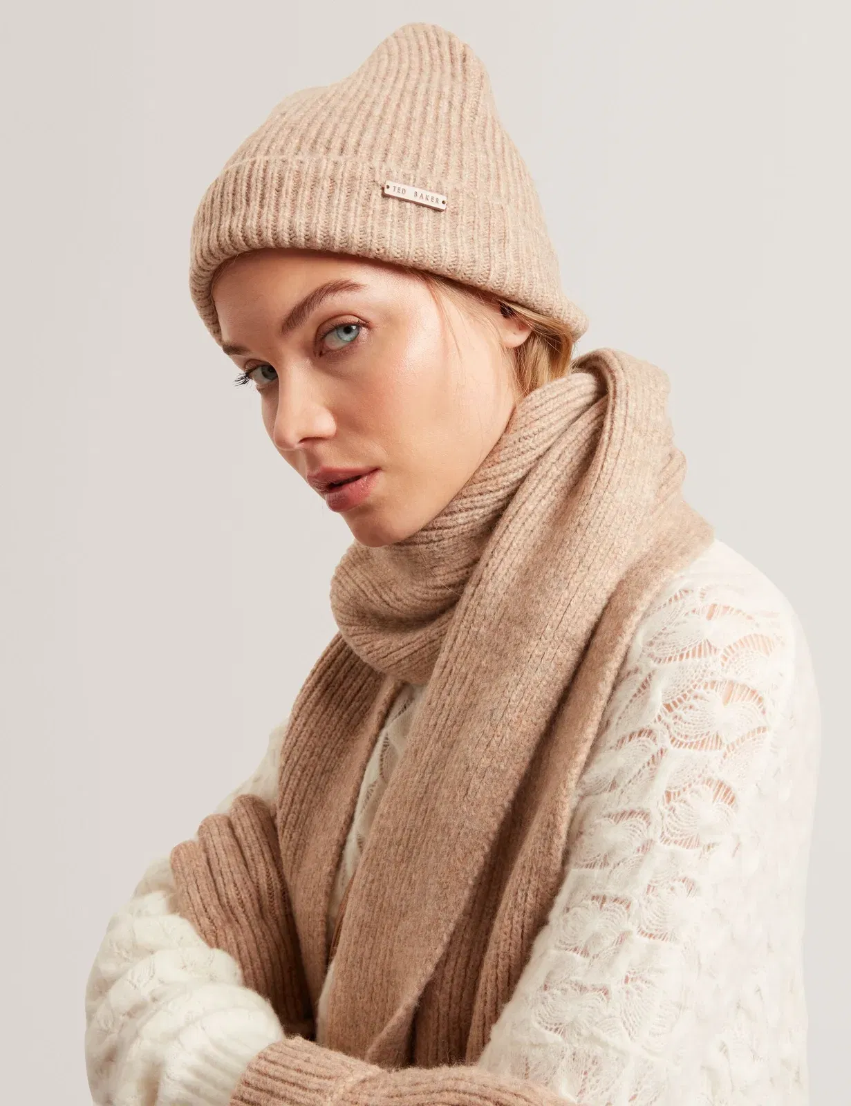 Ted Baker Lidiaas Wool Blend Ribbed Knit Beanie Hat In Camel Women's