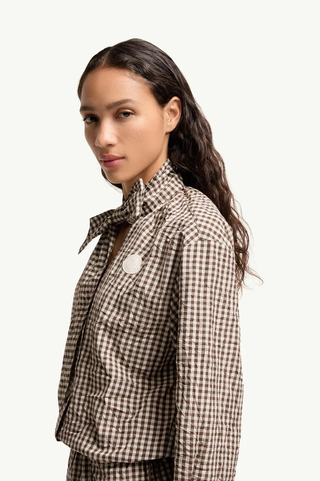 Moncler Vichy Romper With Bow White & Brown White & Brown