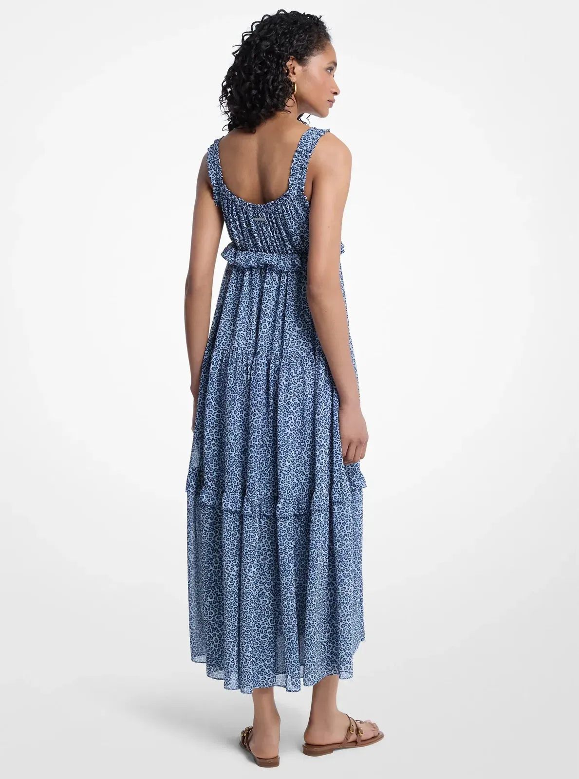 Michael Kors Leopard Print Georgette Tiered Dress DK CHAMBRAY