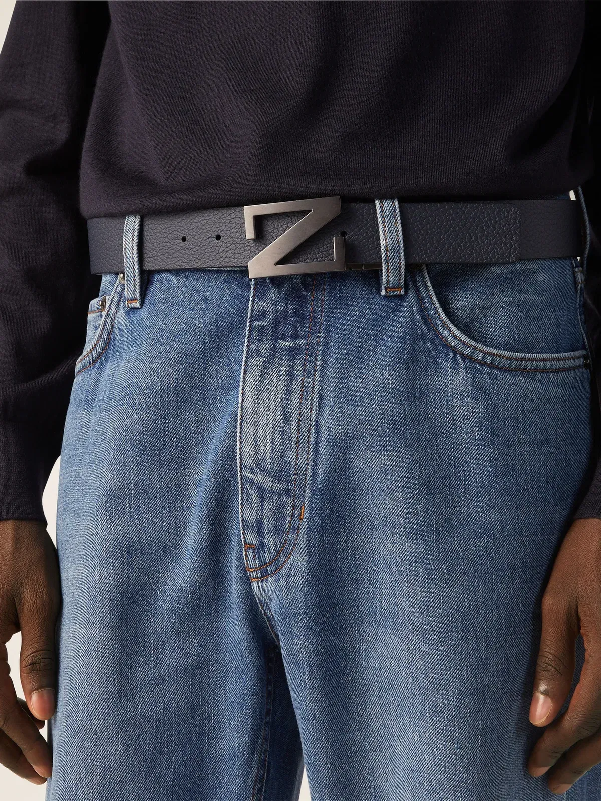 Zegna Navy Blue And Black Reversible Leather Belt