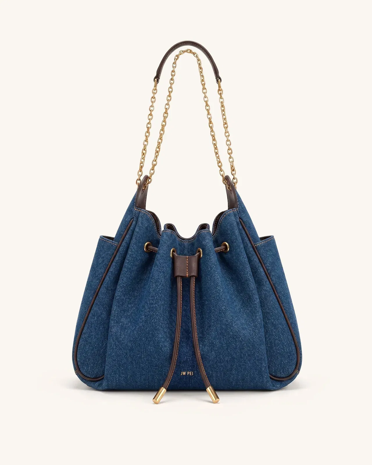 Jw Pei Rowan Ruched Drawstring Chain Bucket Bag Dark Blue Denim