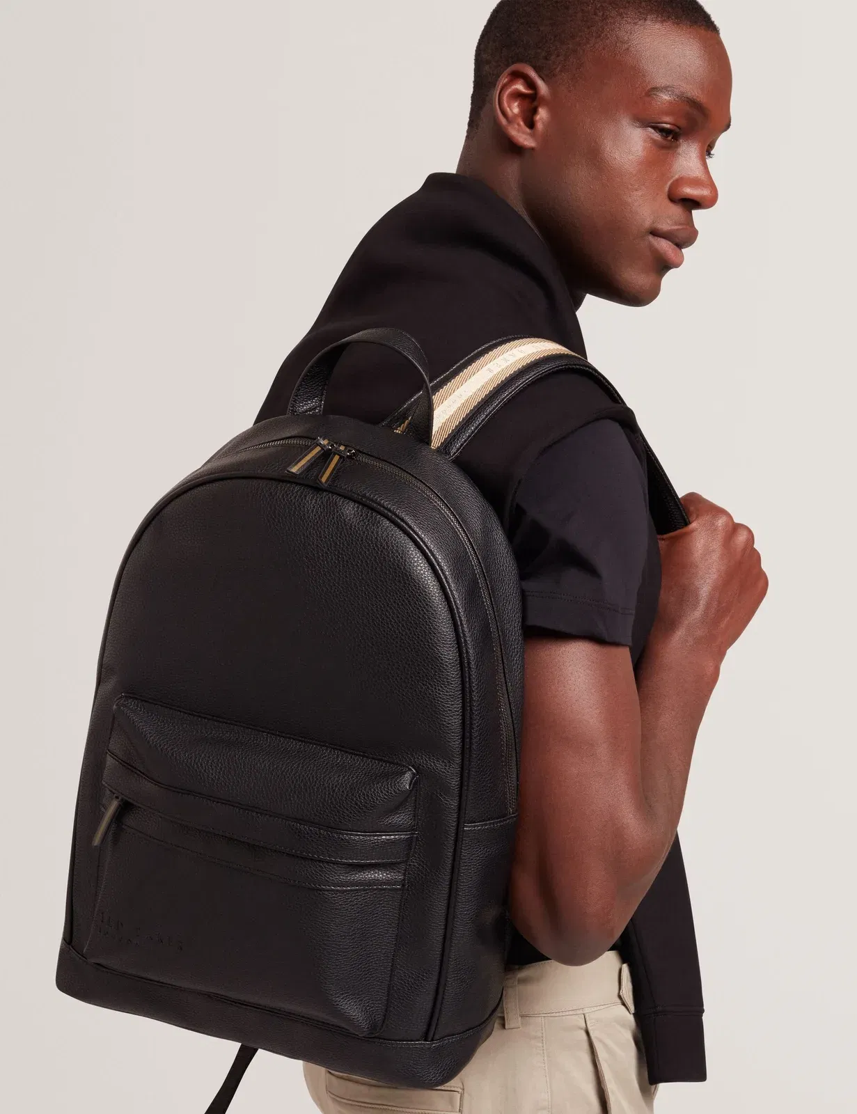 Ted Baker Kaileb Black Faux Leather Backpack With Webbing Straps