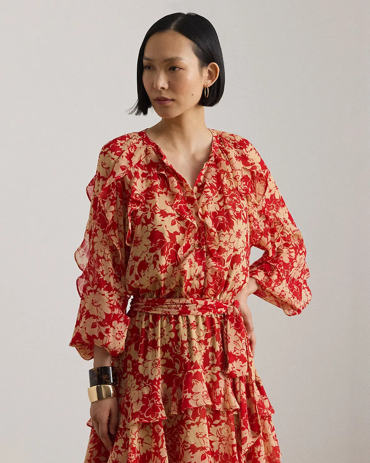 Ralph Lauren Print RuffleTrim Georgette Tiered Dress