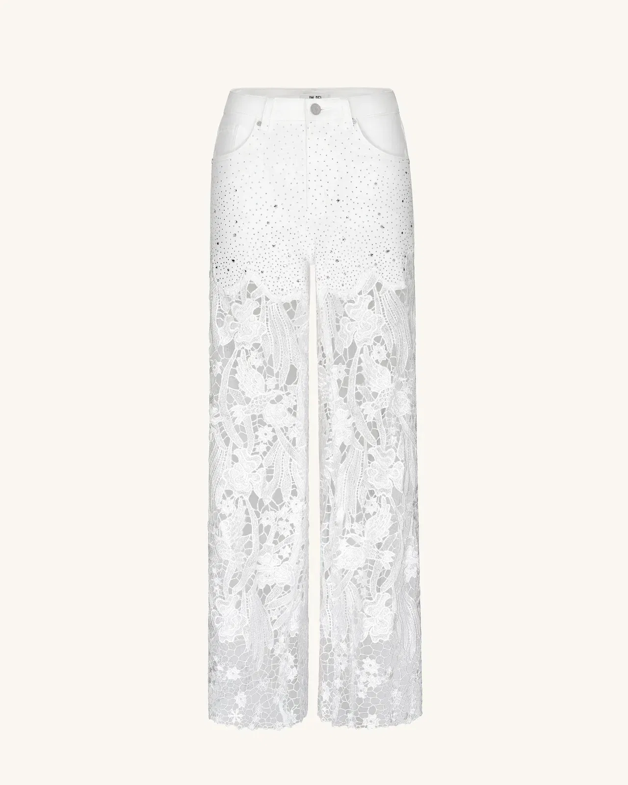 Embroidery High Rise Wide Leg Lace Denim Jeans With Rhinestone - White