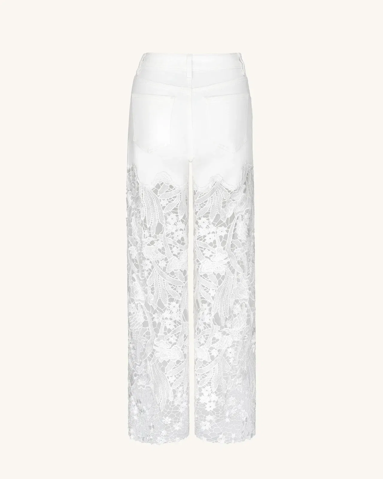 Embroidery High Rise Wide Leg Lace Denim Jeans With Rhinestone - White