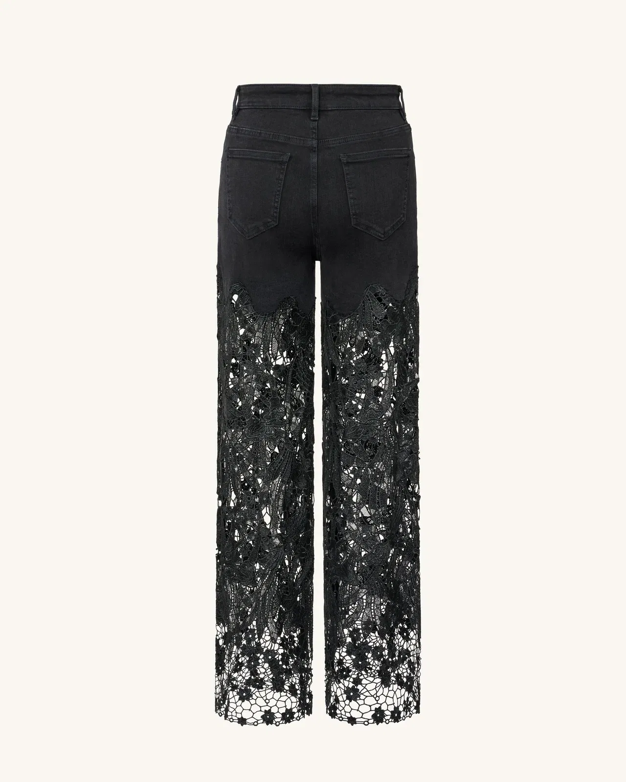 Embroidery High Rise Wide Leg Lace Denim Jeans With Rhinestone - Black