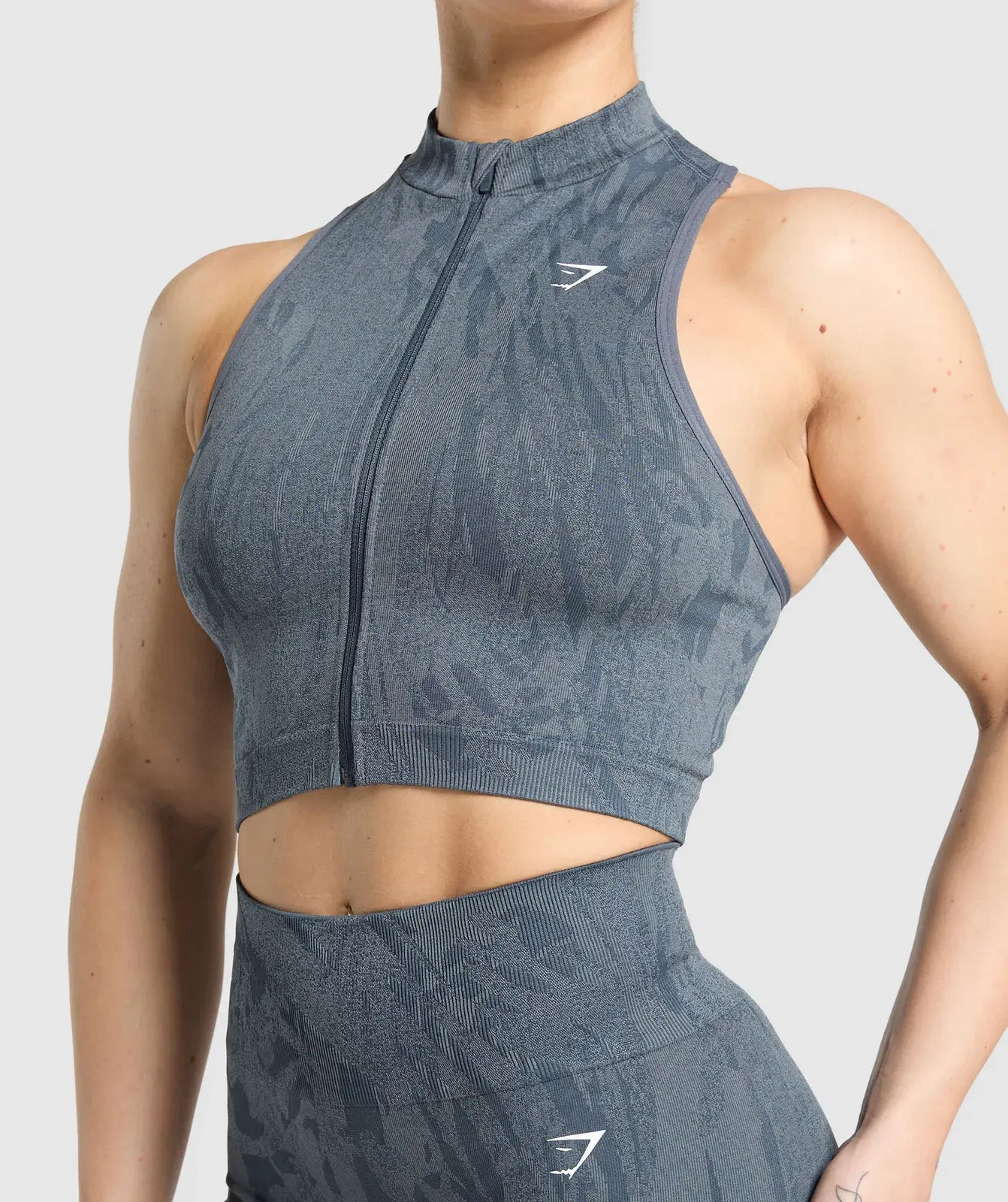 Gymshark Adapt Camo Seamless Zip Up Crop Top - Titanium Blue/Denim Grey