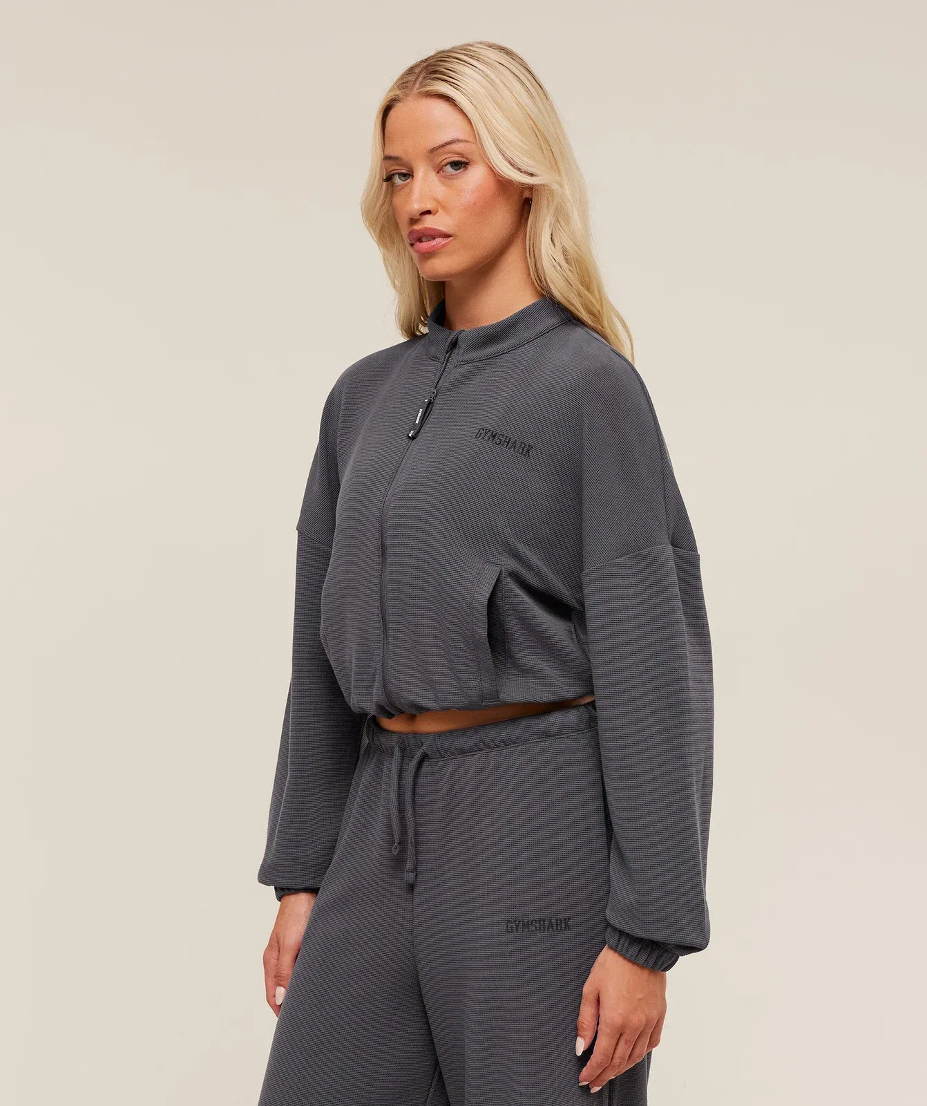 Gymshark Waffle Midi Zip Up Jacket - Onyx Grey
