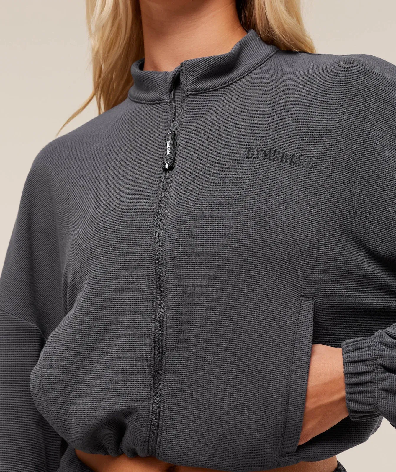 Gymshark Waffle Midi Zip Up Jacket - Onyx Grey