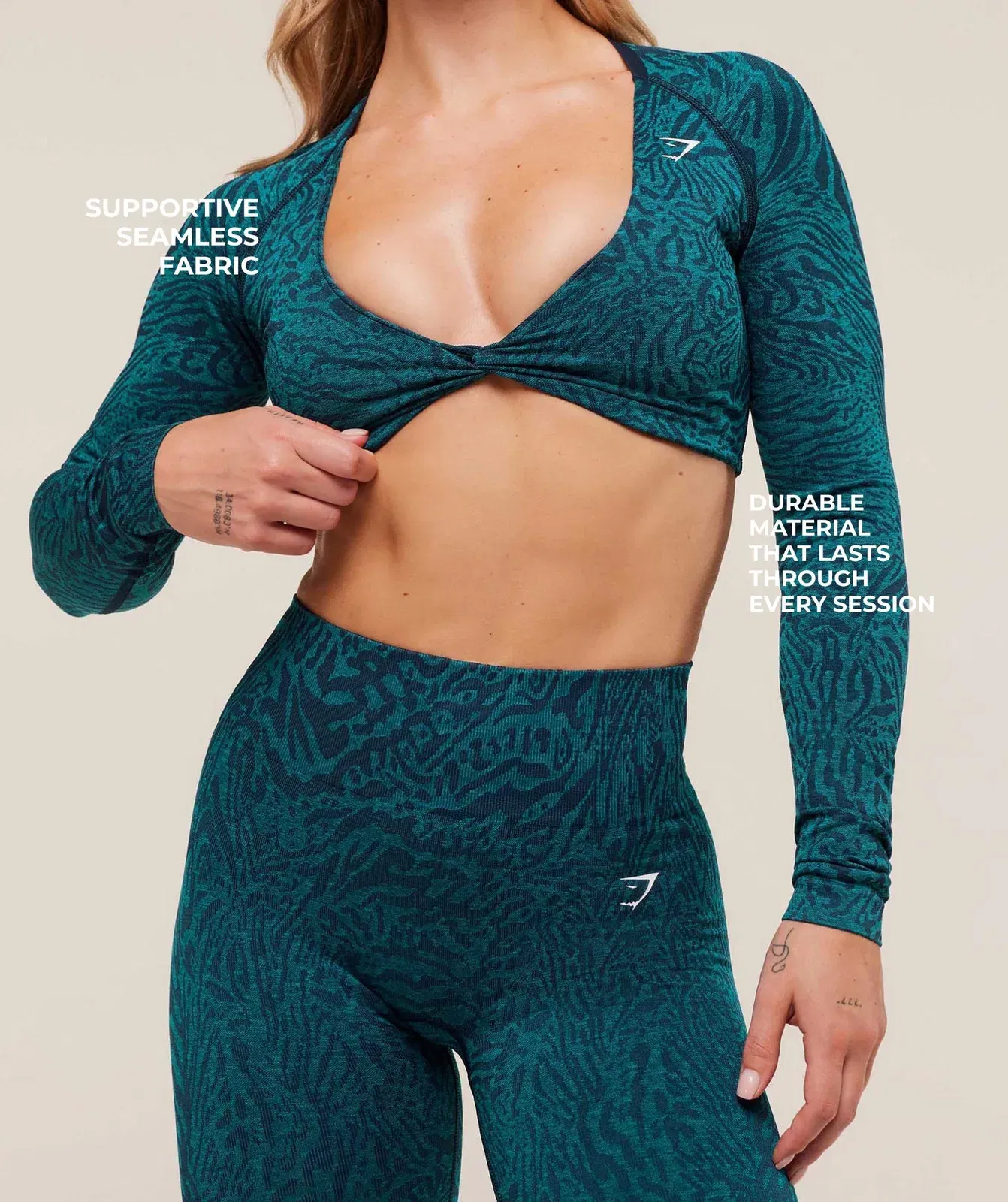 Gymshark Adapt Animal Long Sleeve Crop Top - Navy/Brand Blue