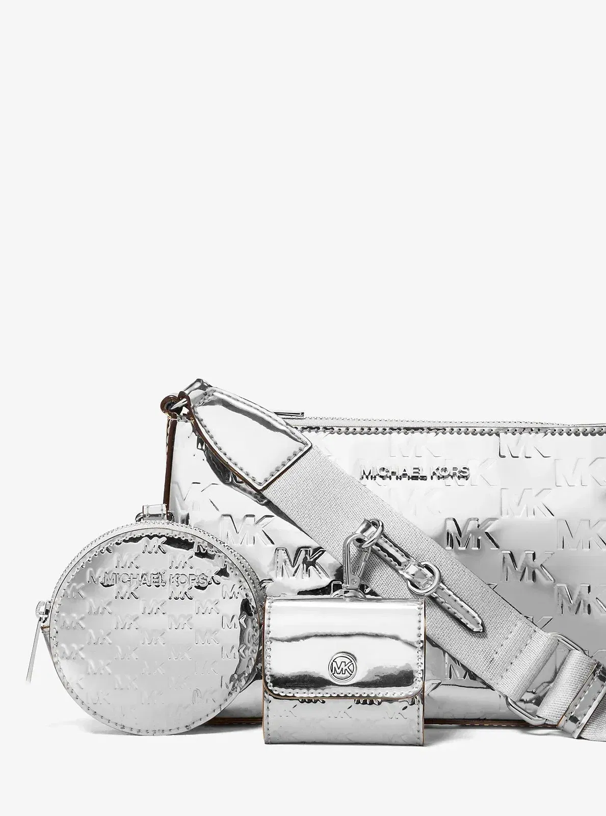 Michael Kors Jet Set Small Patent Logo Debossed Crossbody Bag with Case for Apple Airpods Pro® Silver