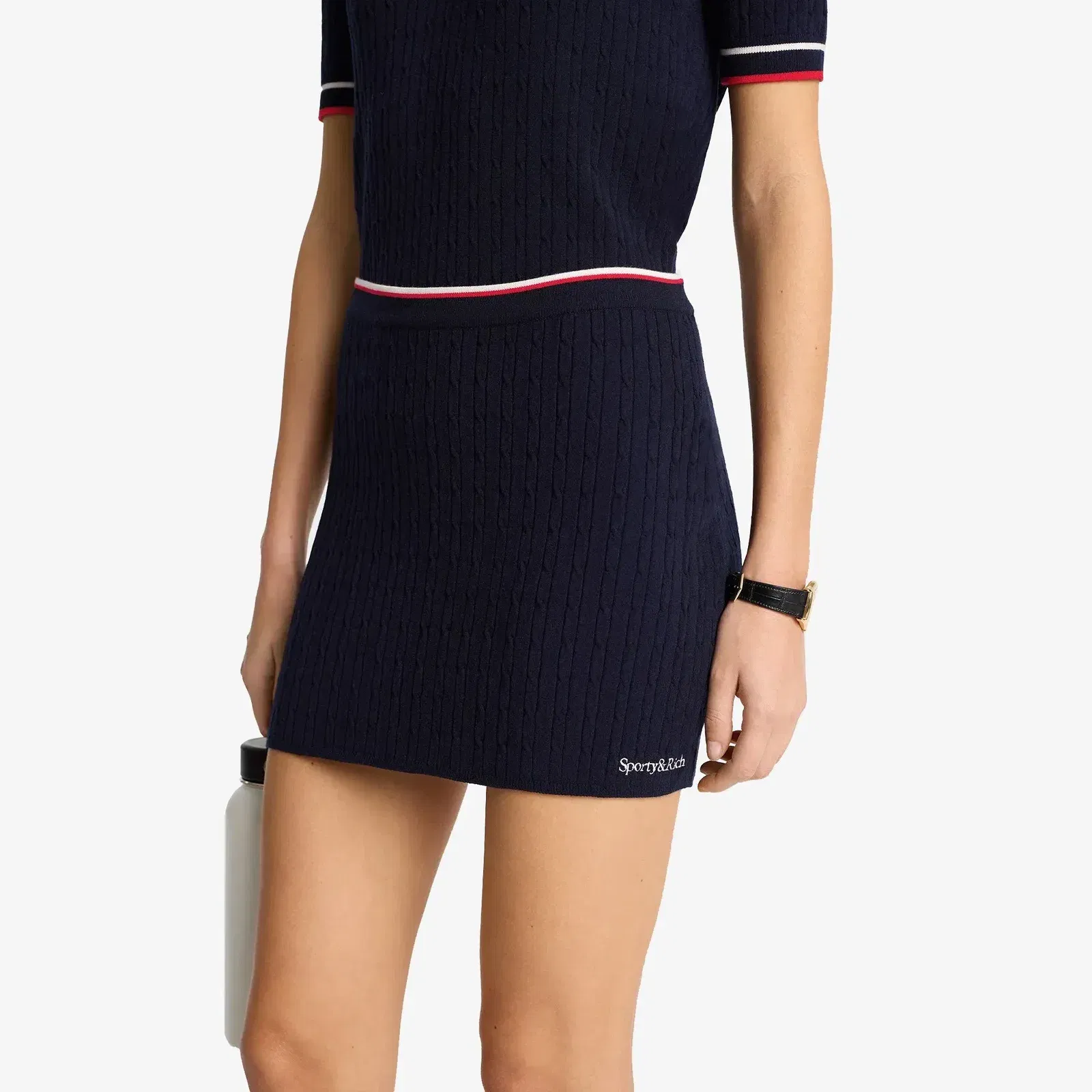 SPORTY & RICH SERIF LOGO MINI CABLE SKIRT { NAVY