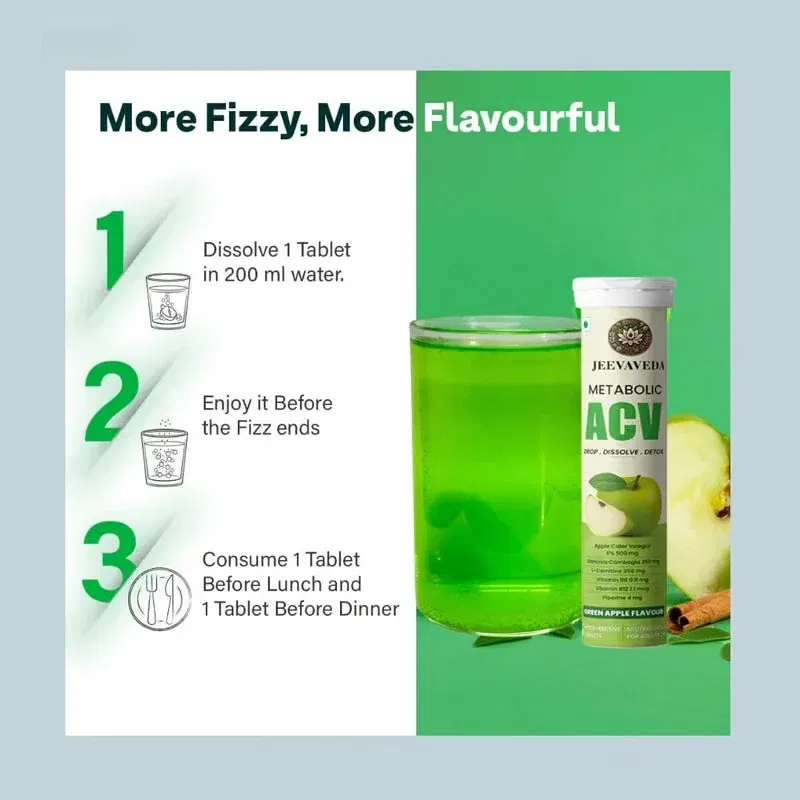 Jeevaveda Green Apple Effervescent Tablets With Apple Cider Vinegar