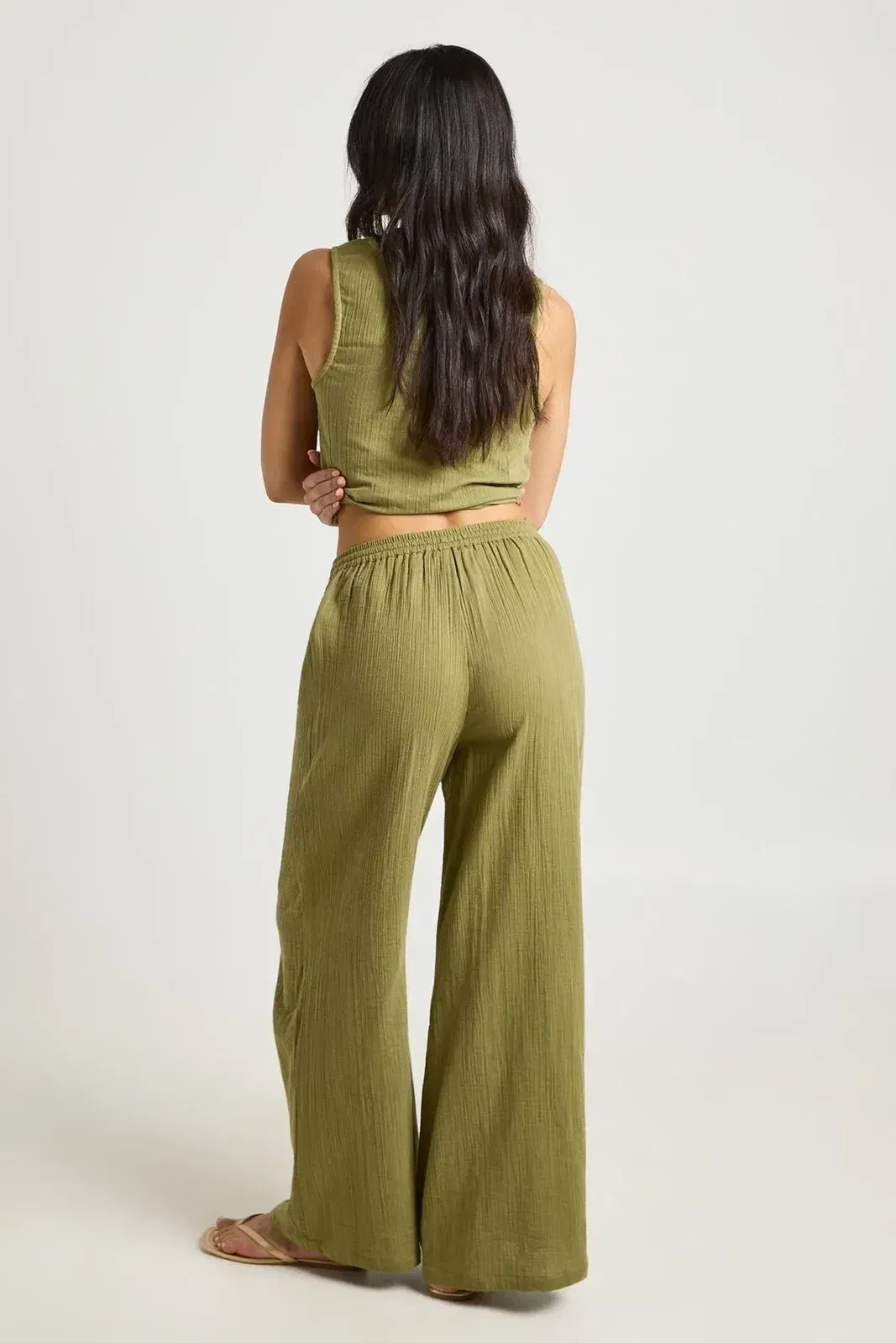 Cheesecloth Elasticated Waist Wide Leg Trousers