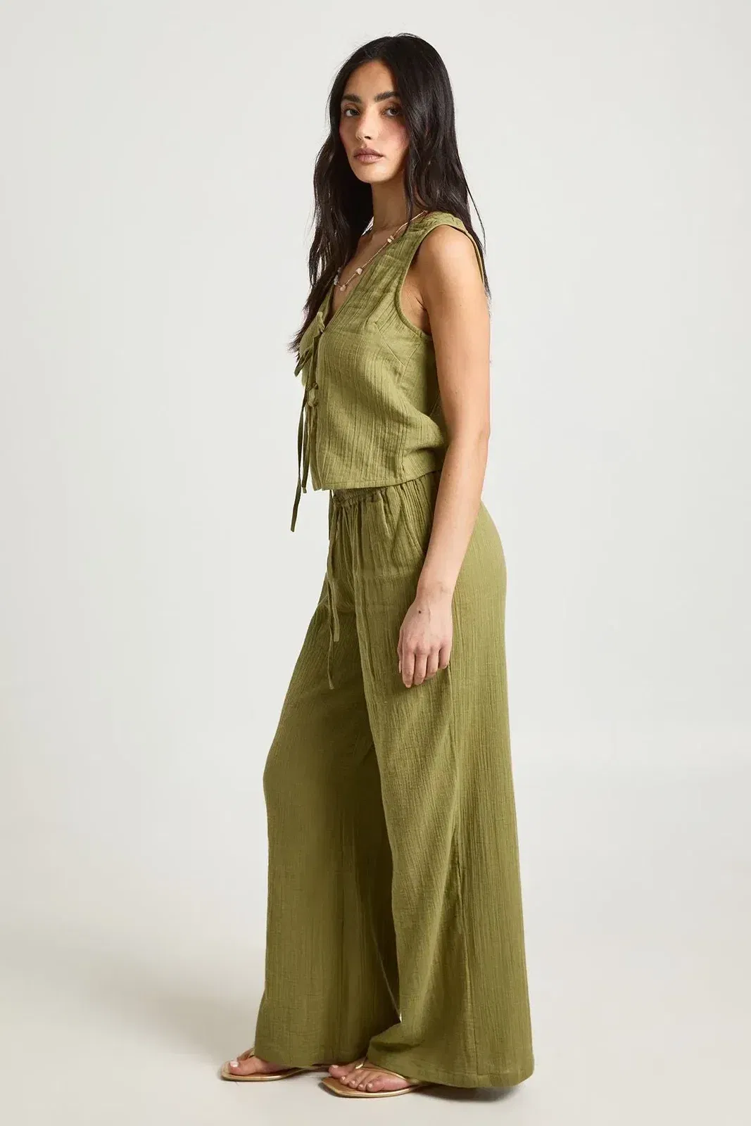 Cheesecloth Elasticated Waist Wide Leg Trousers