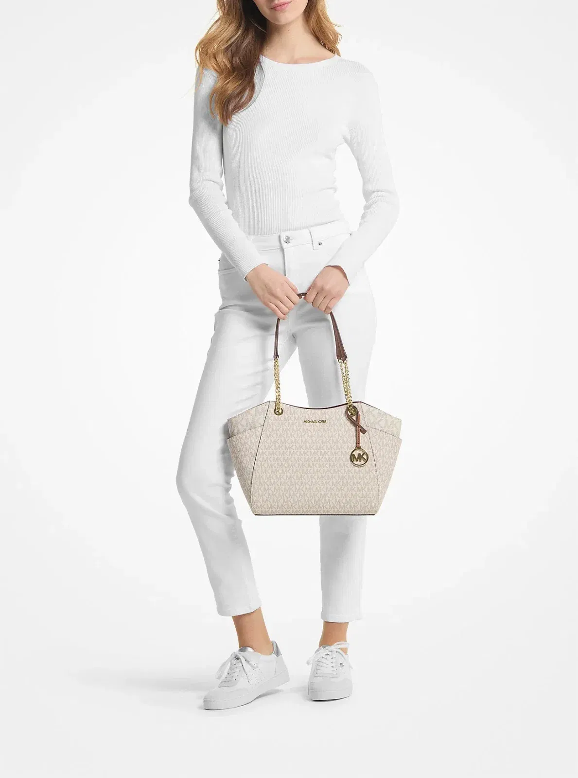 Michael Kors Jet Set Large Signature Logo Shoulder Bag Vanilla